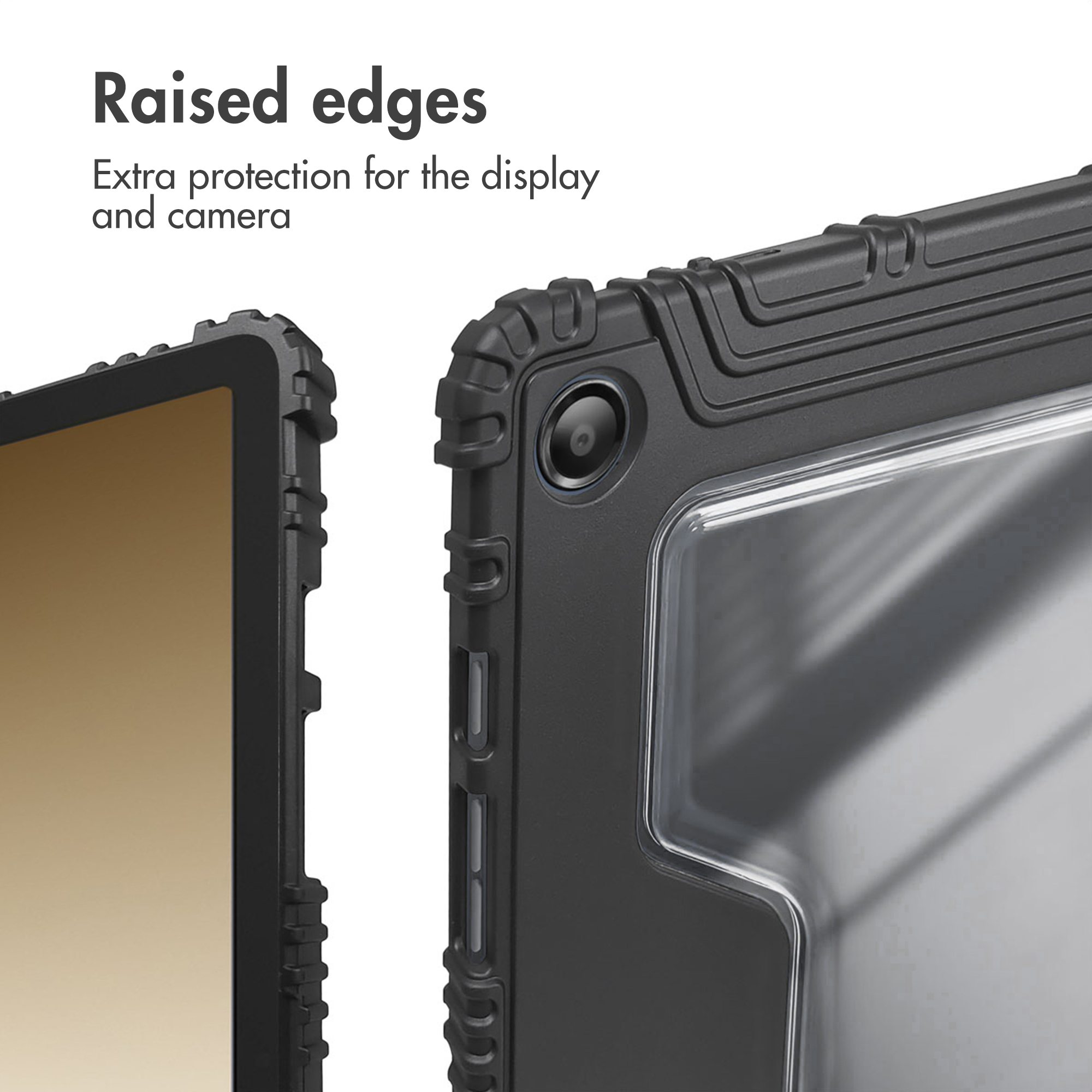 Raised edges provide extra protection for the display and camera of a black protective case.