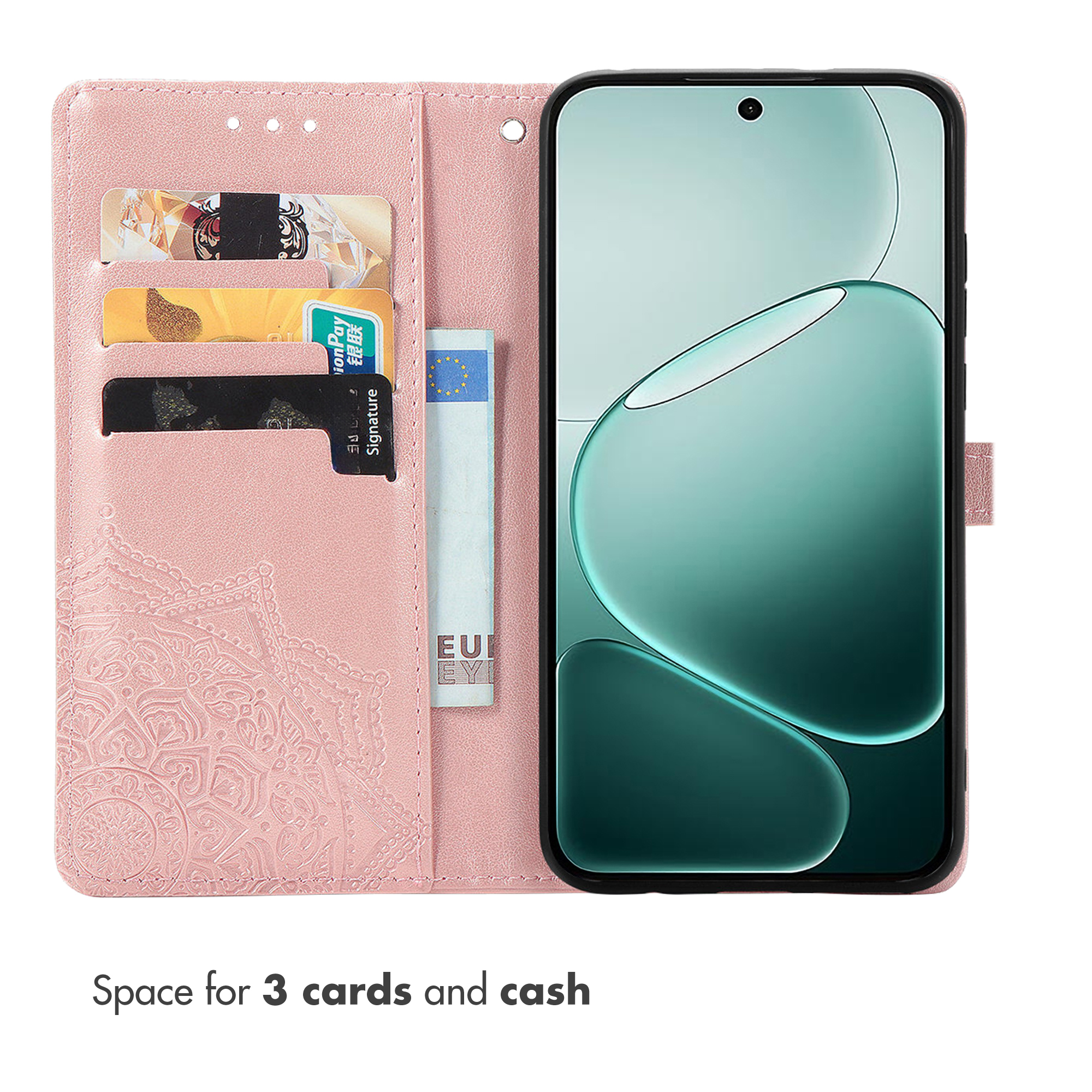 Custodia per telefono rosa a libro con motivo in rilievo, tre tasche per carte e una tasca per contanti.