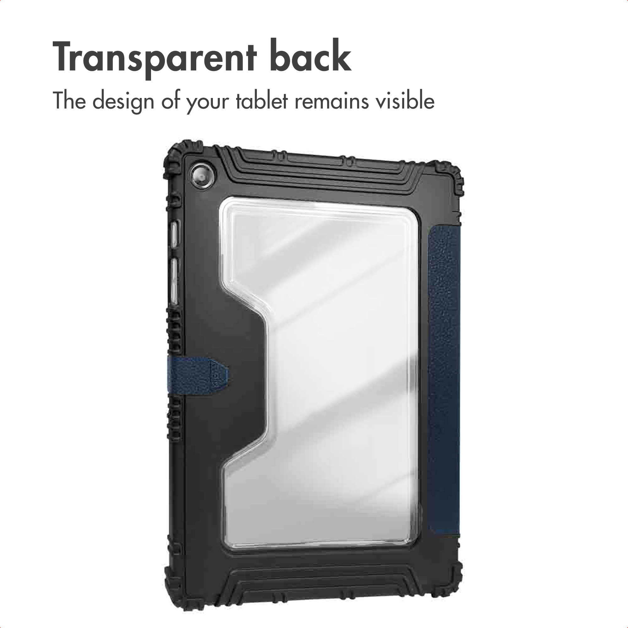 Black and blue tablet case with transparent back against a white background.