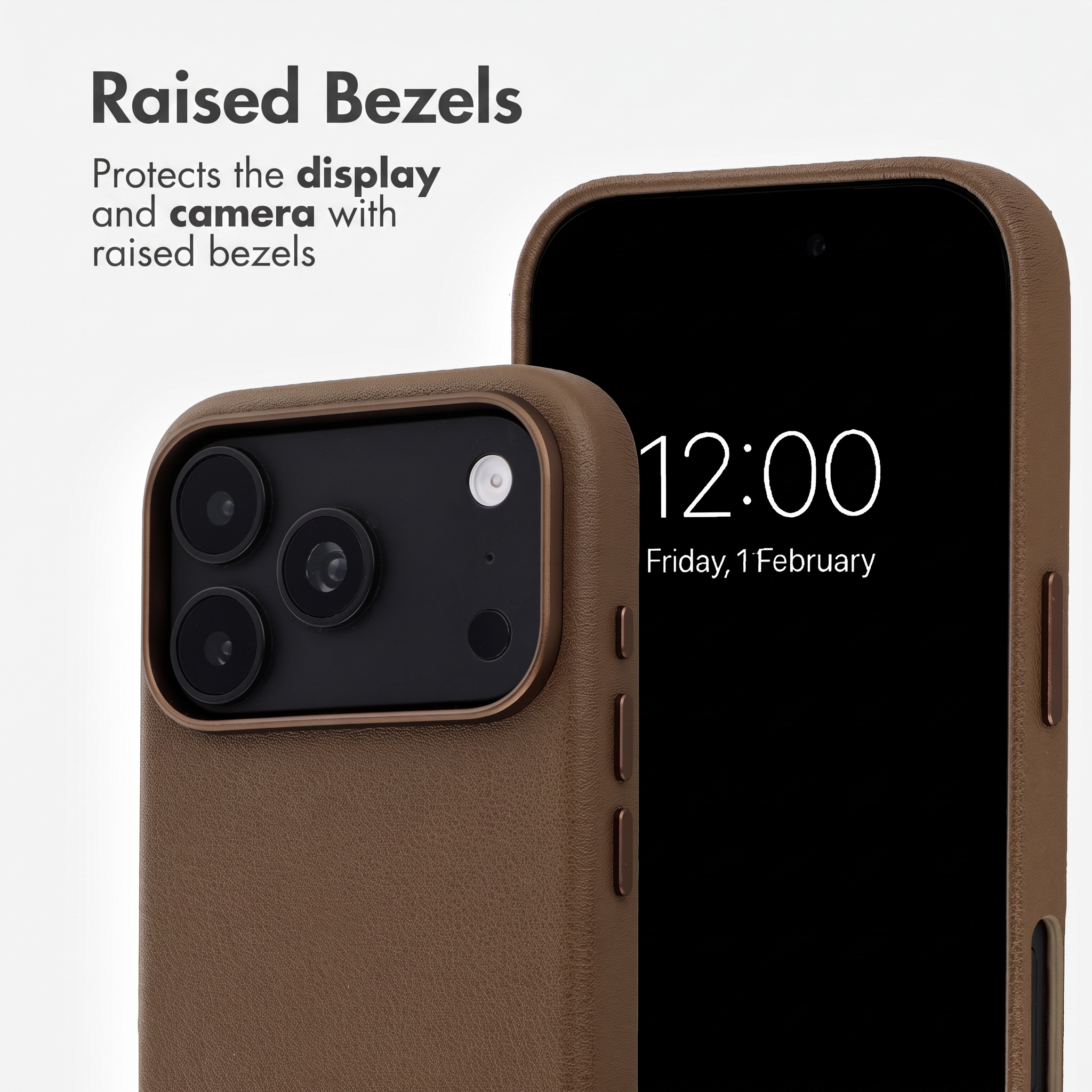 Custodia per smartphone in pelle marrone che evidenzia i bordi rialzati per proteggere fotocamera e display.