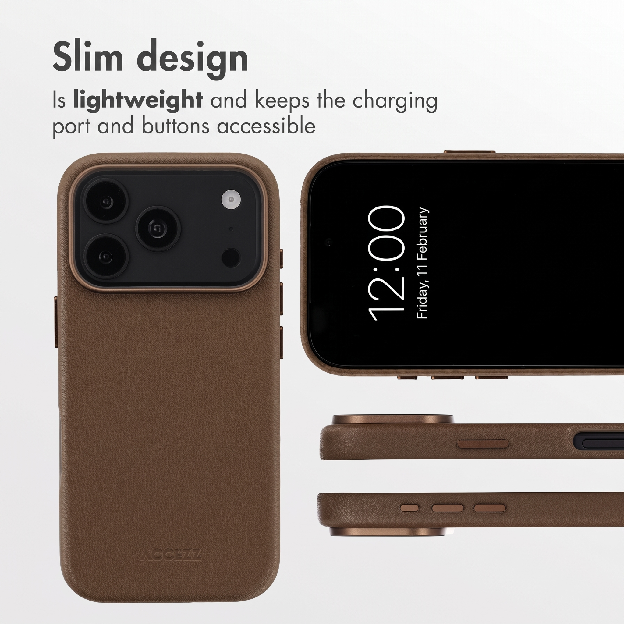 Una custodia per smartphone in pelle marrone mostrata da più angolazioni con testo che evidenzia il design sottile.