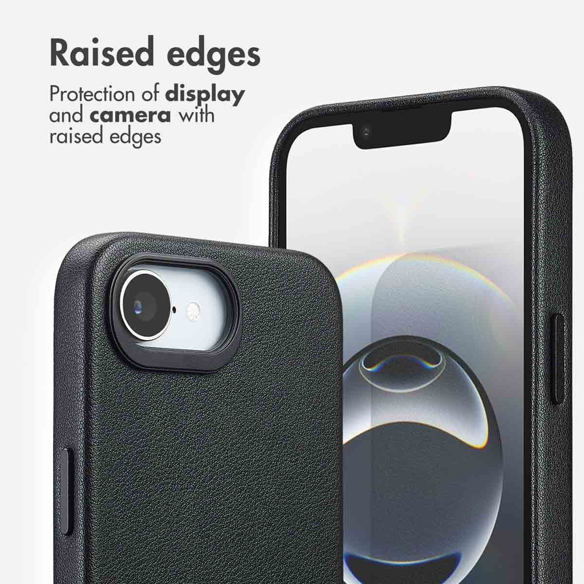 Custodia per smartphone nera con bordi rialzati per proteggere schermo e fotocamera.