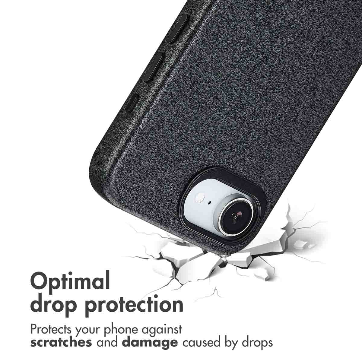 Custodia per telefono nera con ritaglio per fotocamera e sfondo bianco incrinato.