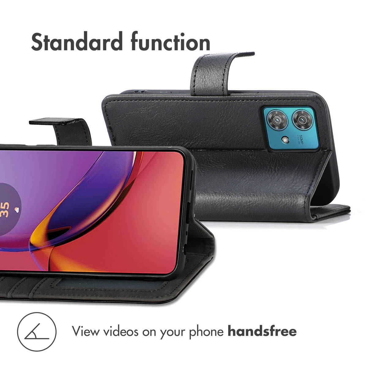Funda de cuero negro para móvil con tapa que sirve de soporte.