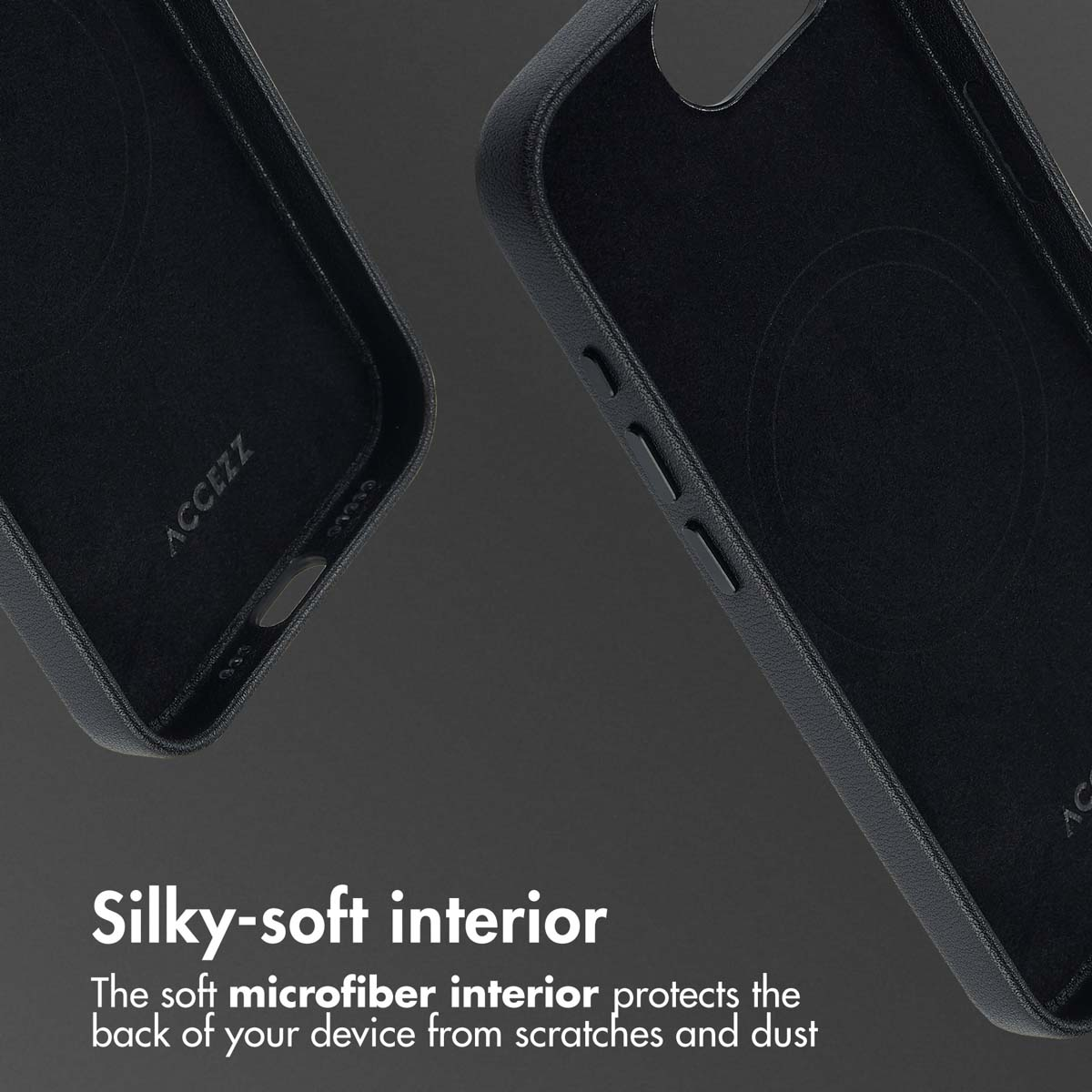 Custodia per smartphone nera con interno in morbida microfibra.