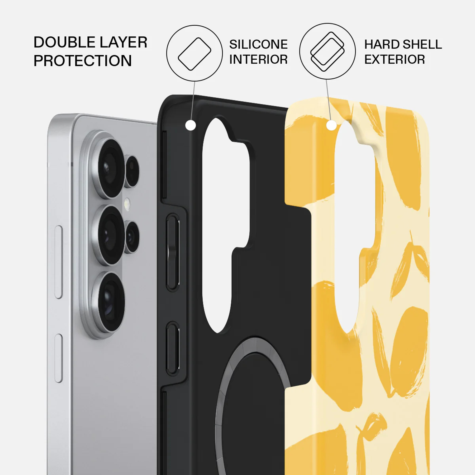Diagrama de protección de doble capa: interior de silicona negra y exterior de carcasa dura con patrón amarillo en un teléfono.