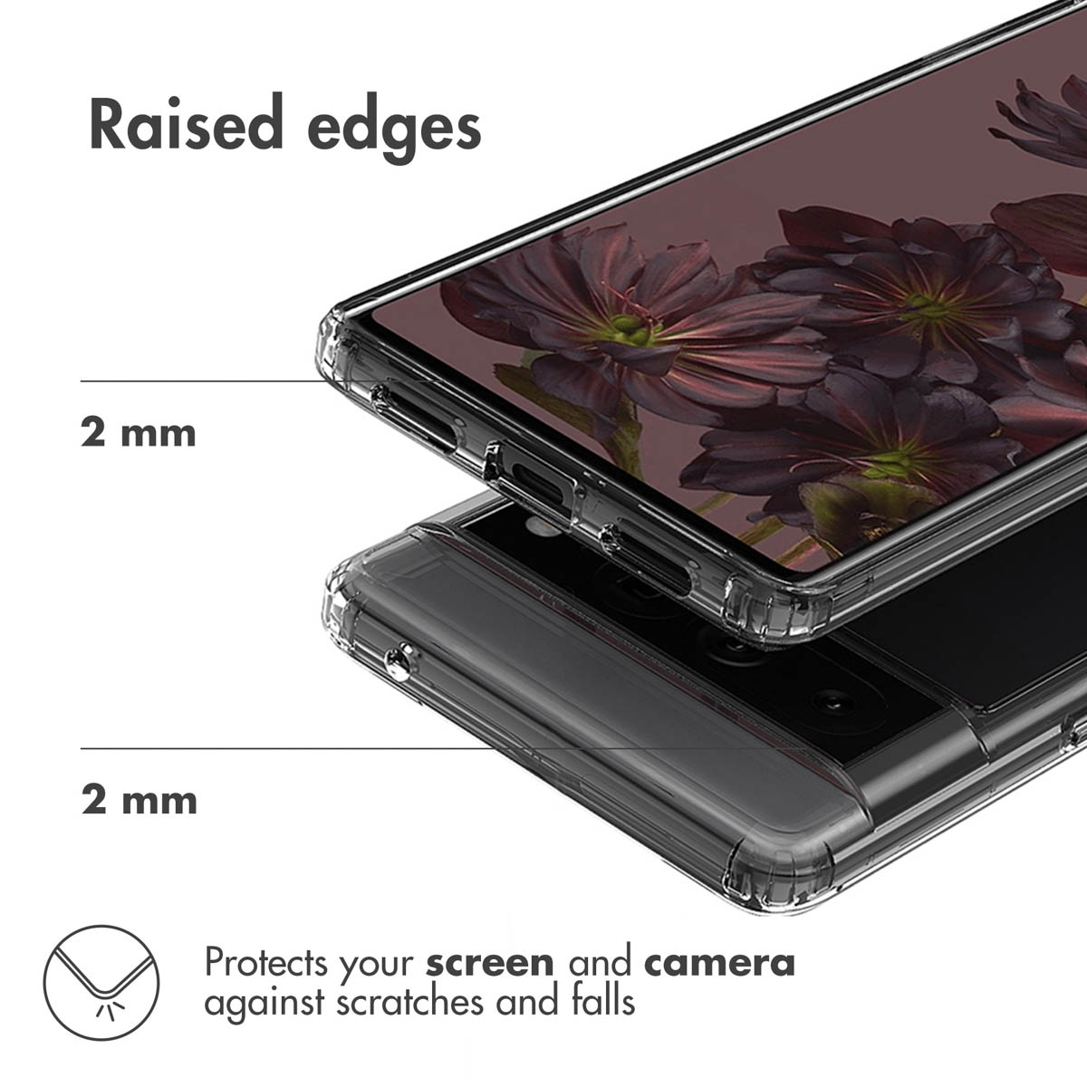Funda transparente con bordes elevados de 2 mm para proteger la pantalla y la cámara.