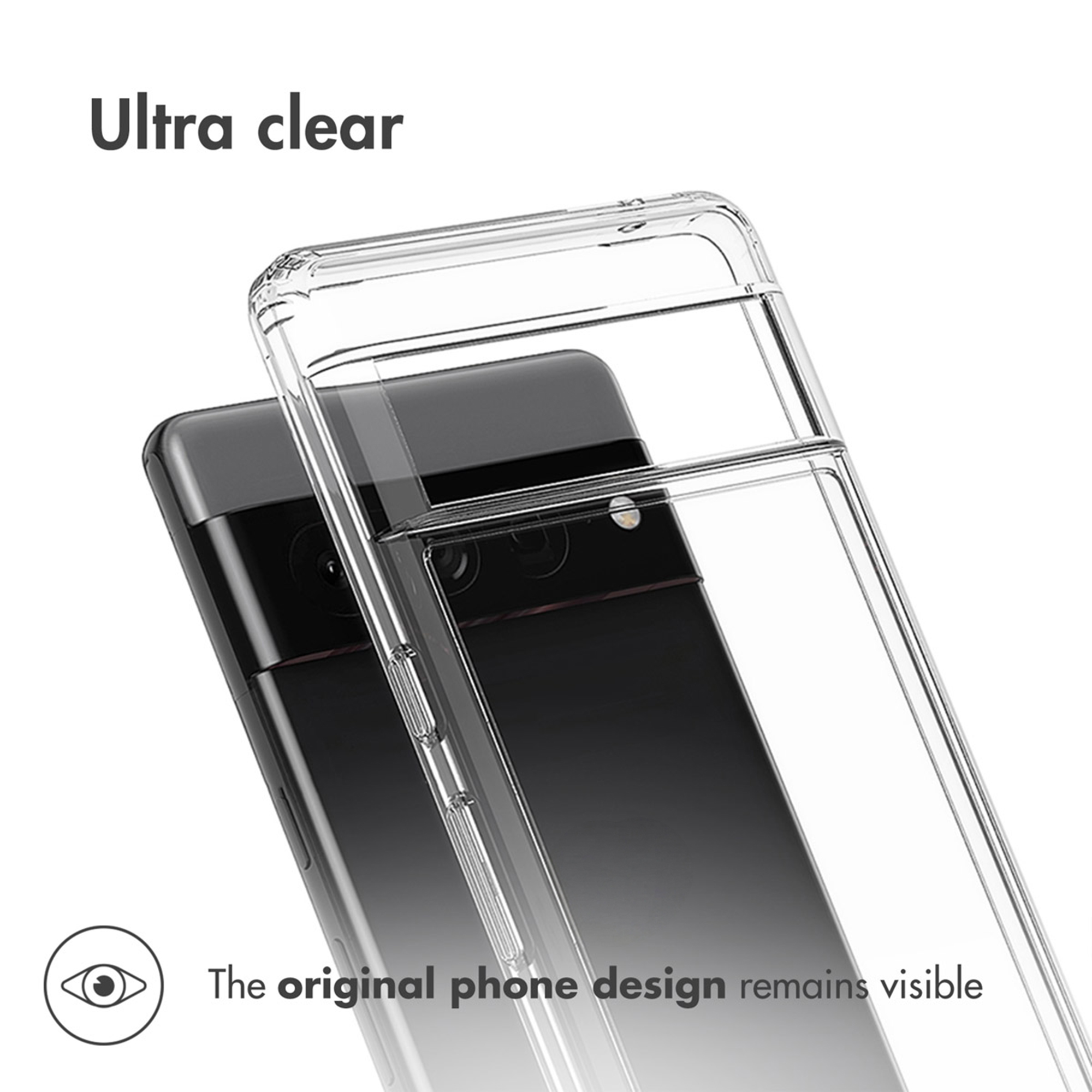 Funda de teléfono transparente ultra clara en un smartphone negro con texto arriba.