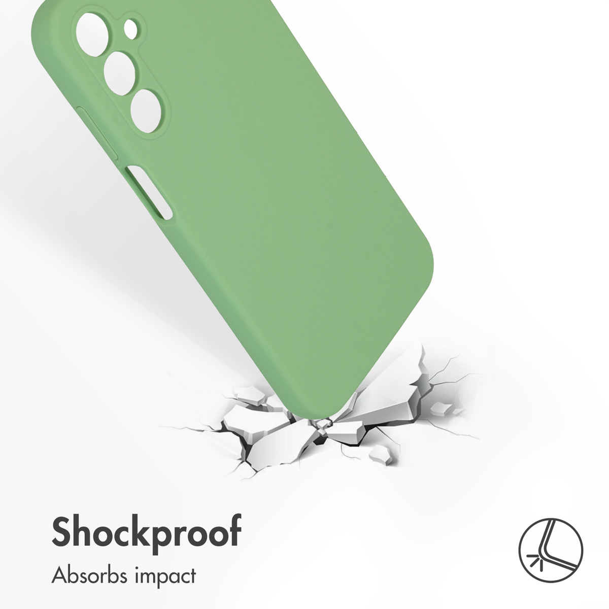 Coque de téléphone verte antichoc impacte une surface blanche fissurée.