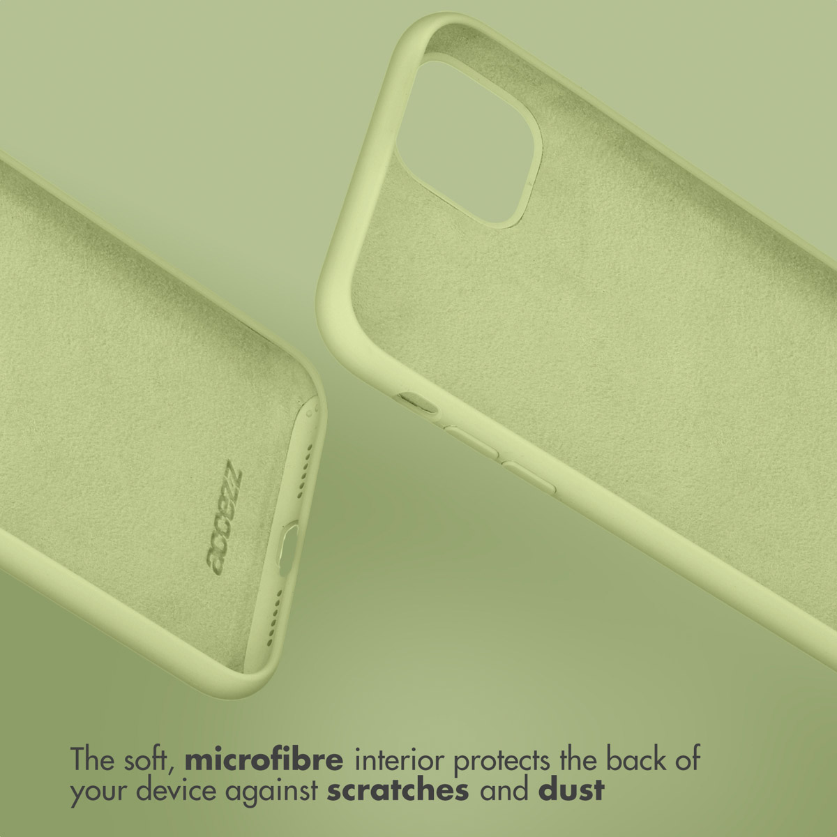 Dos fundas de móvil verde claro con interior de microfibra contra arañazos sobre fondo verde.
