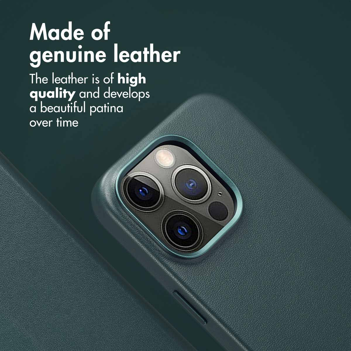Coque de smartphone en cuir vert foncé avec découpe pour appareil photo.