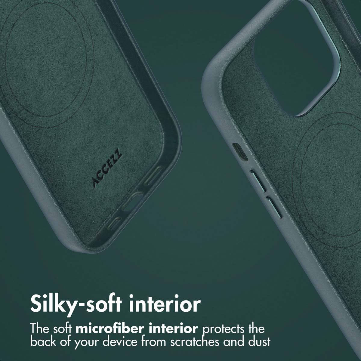 Coque de téléphone verte avec intérieur en microfibre douce.