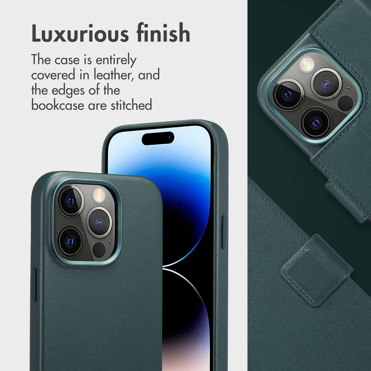Coque de smartphone en cuir vert foncé avec protection de caméra intégrée et coutures fines.