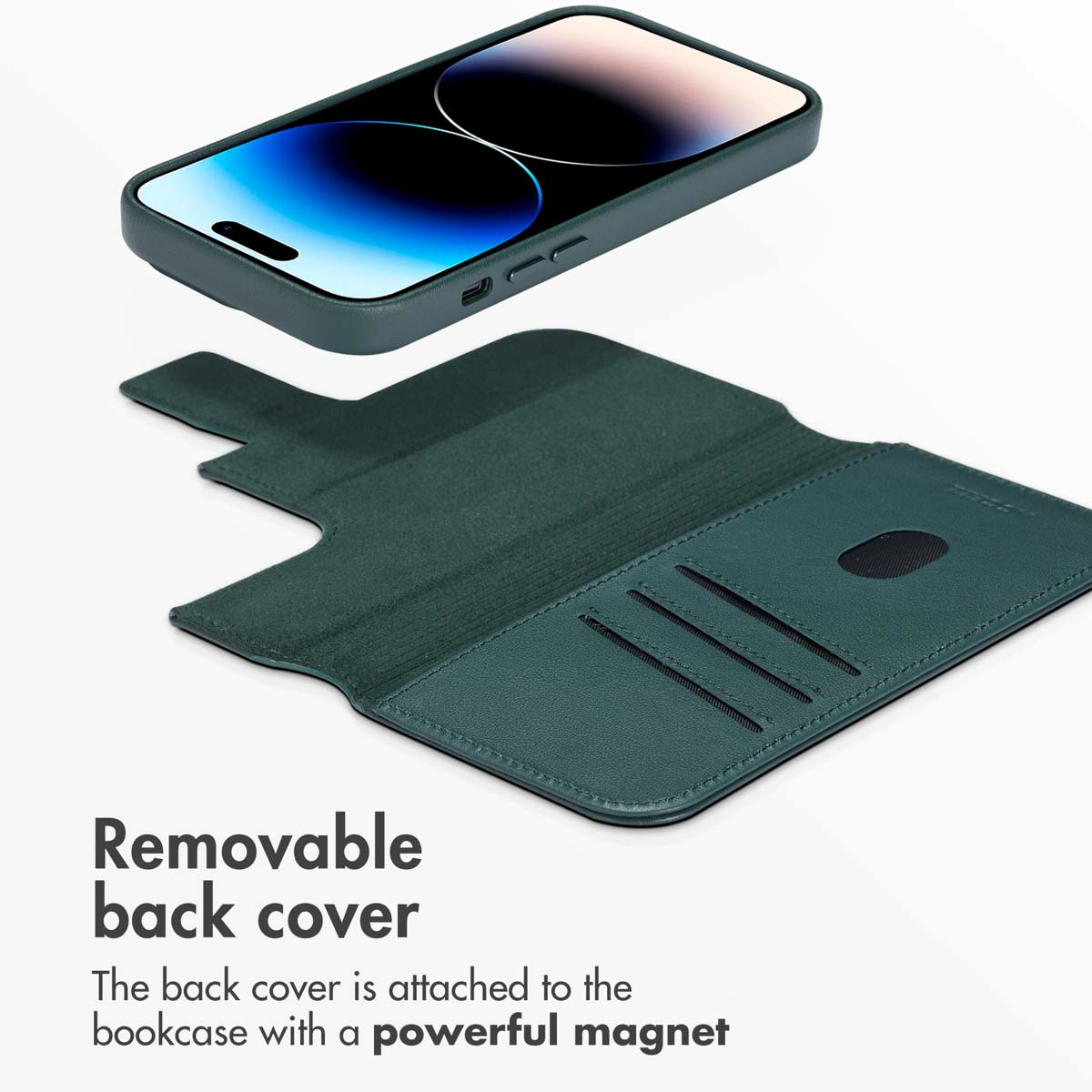 Coque de téléphone verte avec housse amovible et fentes pour cartes sur fond blanc.