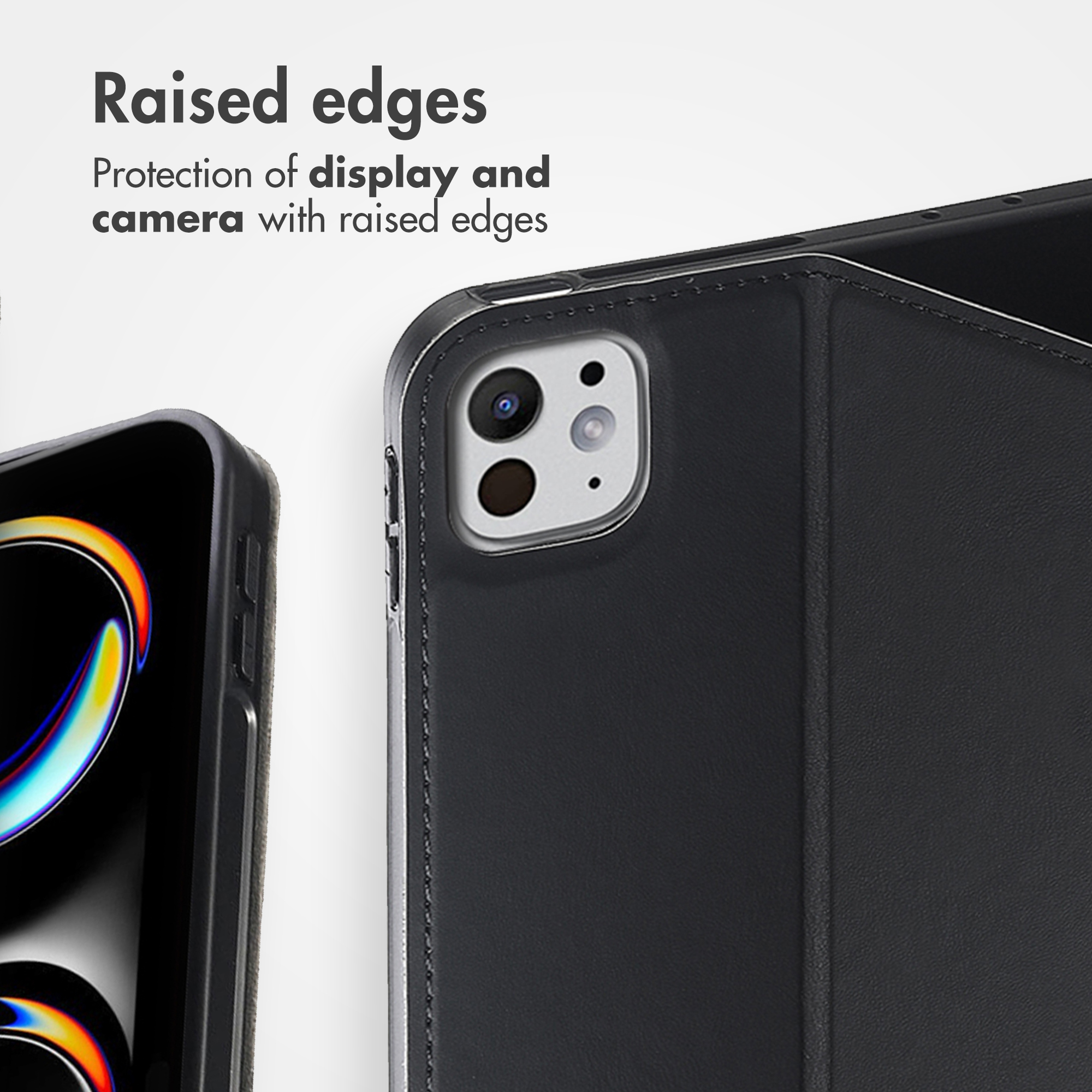 Custodia protettiva nera con bordi rialzati per display e fotocamera.