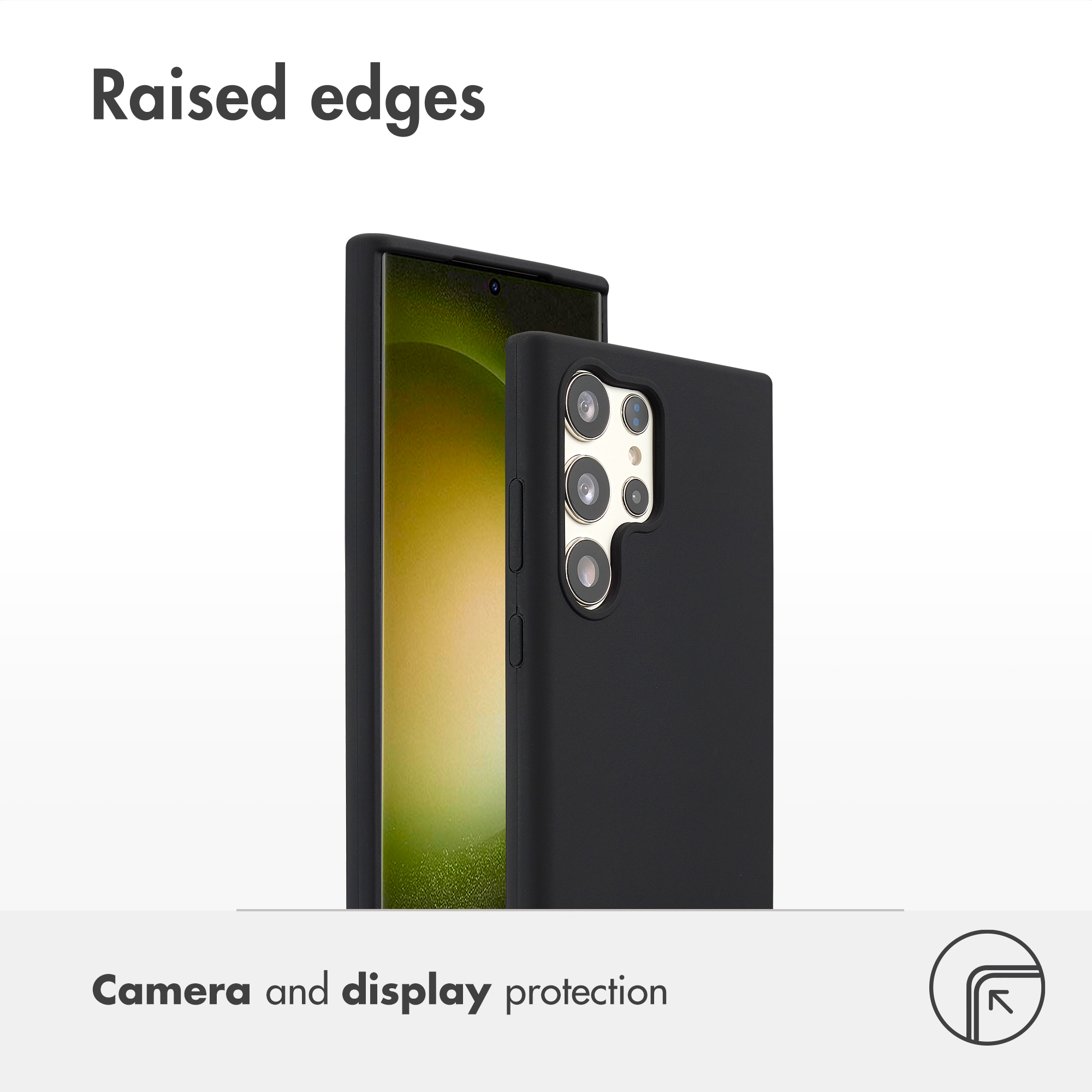 Custodia per smartphone nera con bordi rialzati per la protezione di fotocamera e display.