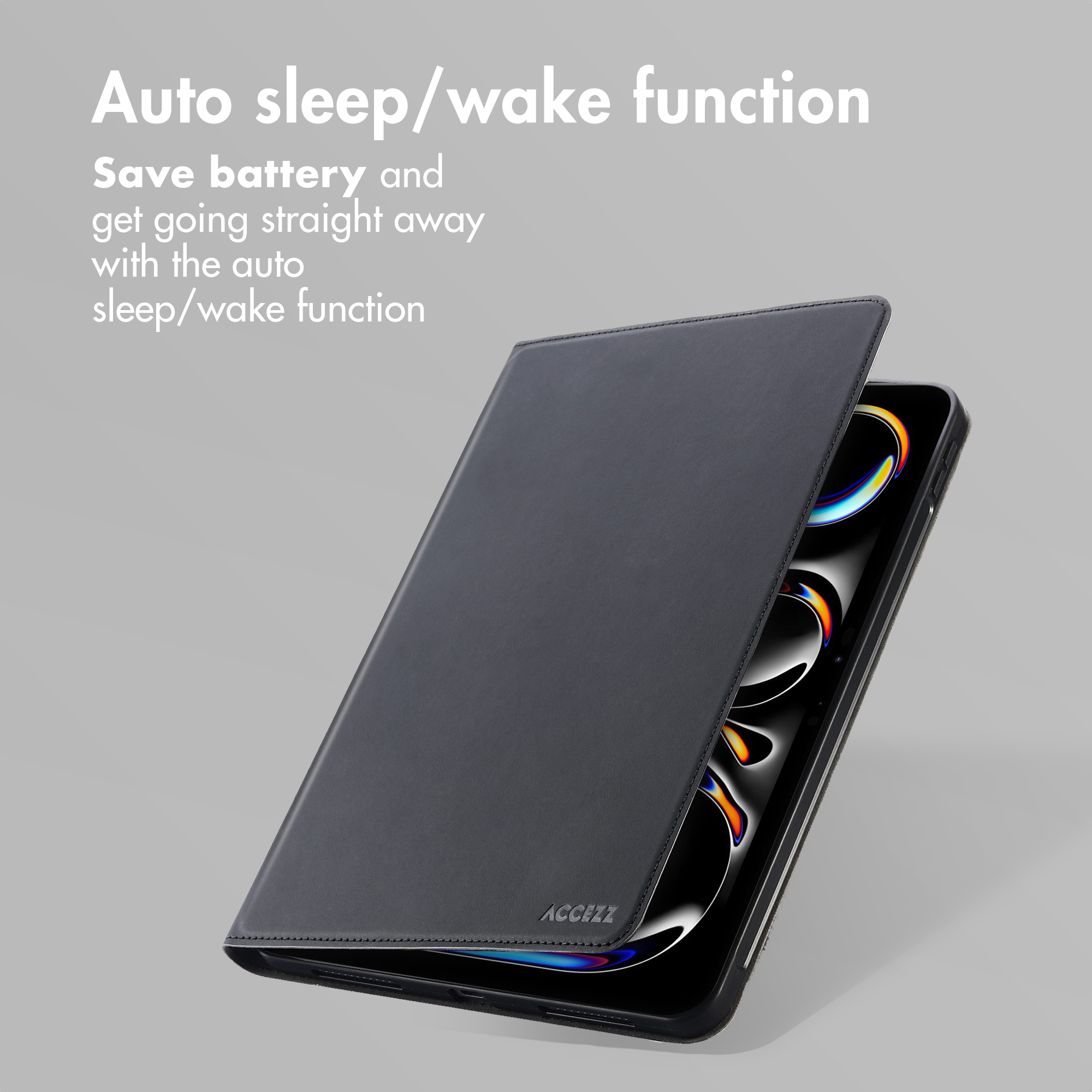 Una custodia per tablet nera aperta su sfondo grigio con testo sulla funzione di sospensione/risveglio.