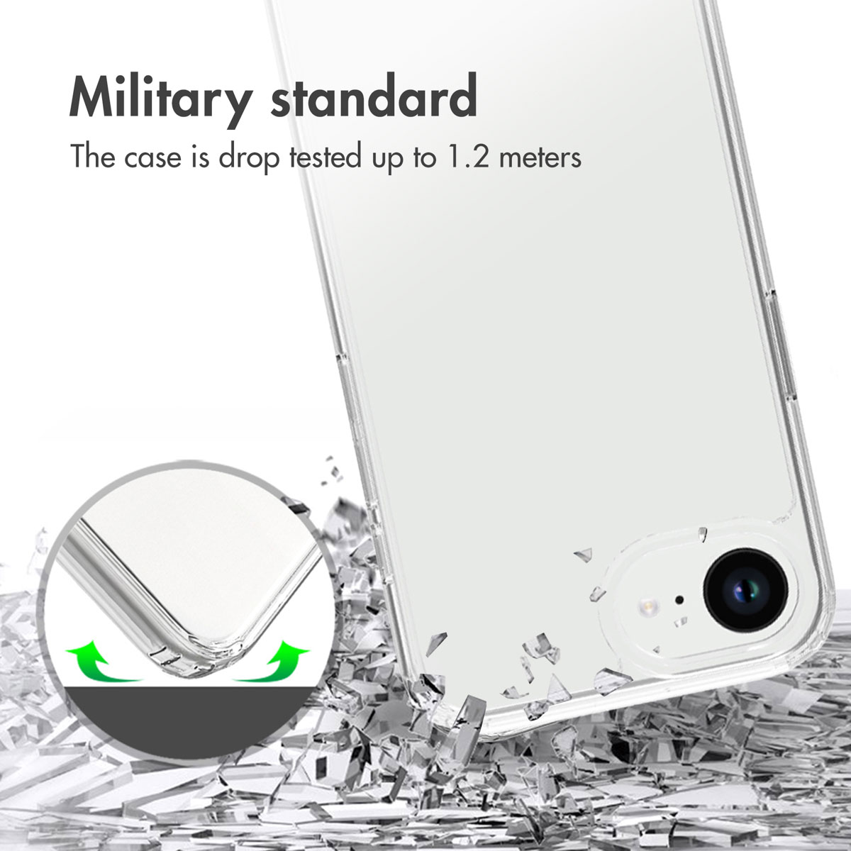 Funda de móvil transparente con texto "Military standard" sobre fondo blanco con fragmentos de vidrio.