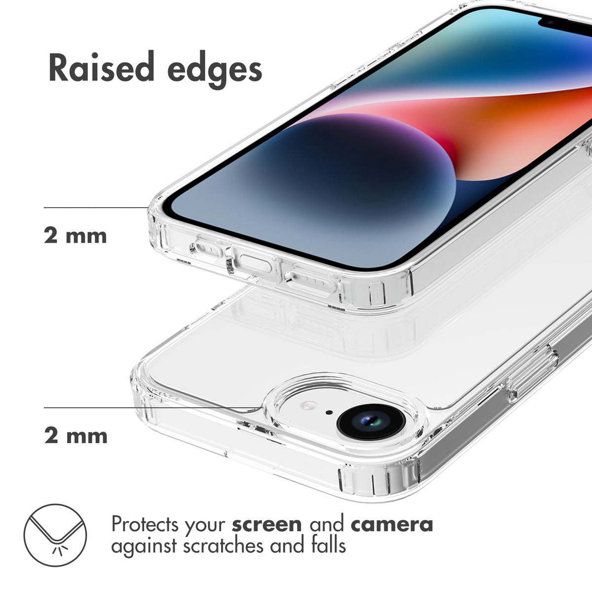 Funda transparente con bordes elevados de 2 mm para proteger pantalla y cámara.