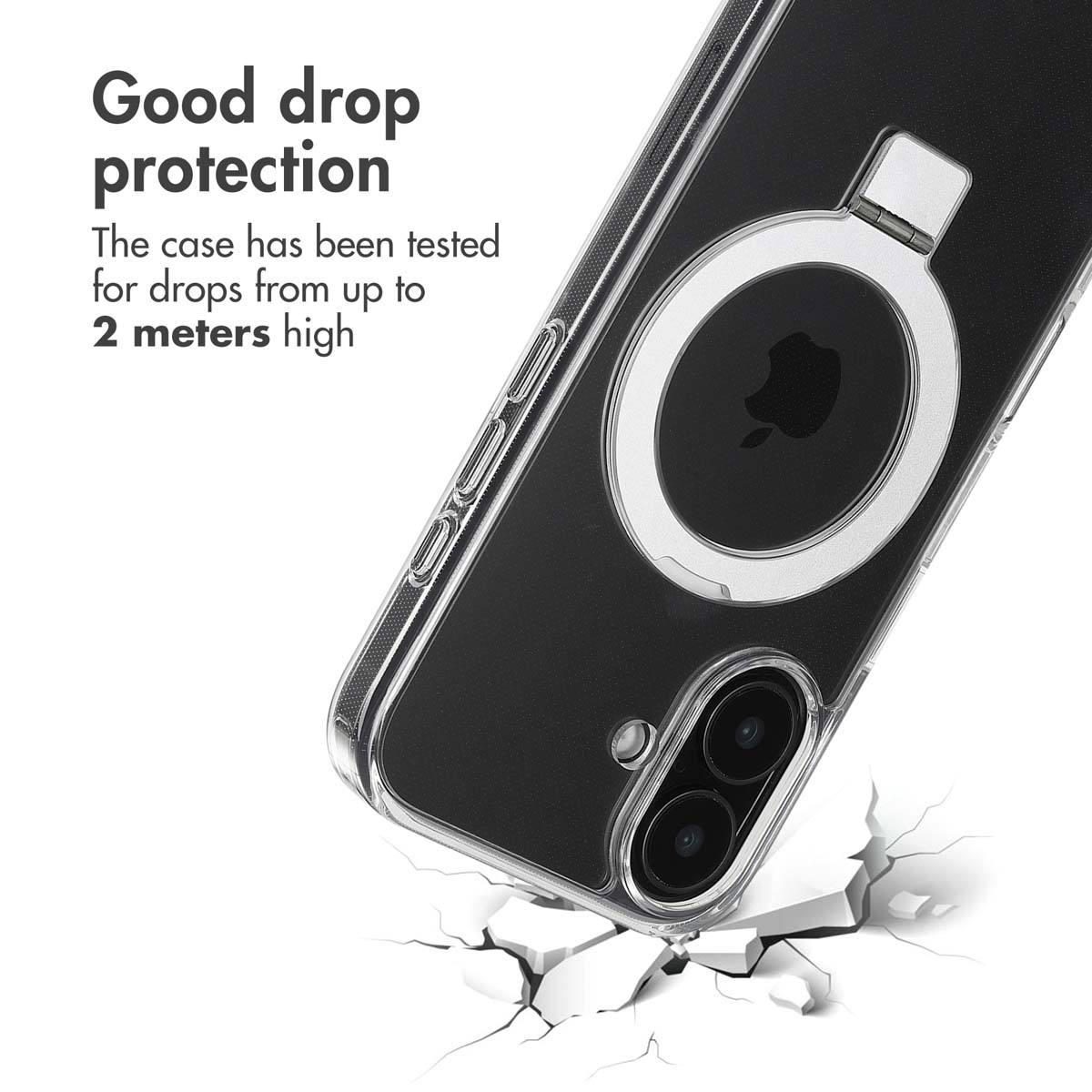 Ein Smartphone in einer klaren Hülle mit Ringhalter auf gerissener weißer Oberfläche mit Sturztest-Text.