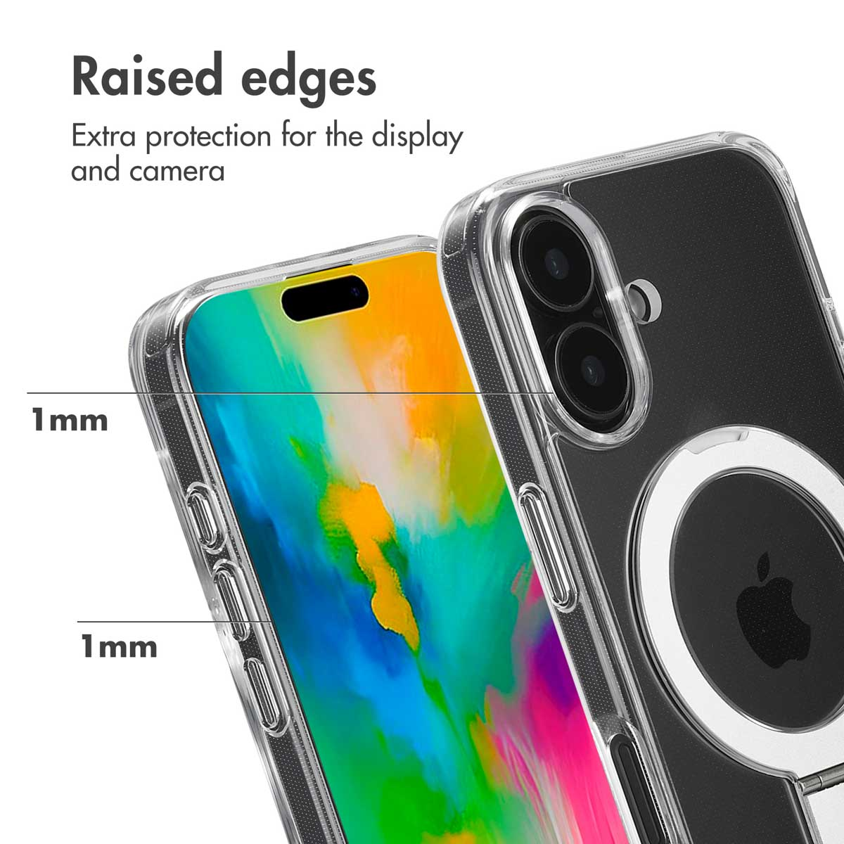 Transparente Handyhülle mit 1 mm erhöhten Rändern für Display- und Kameraschutz.