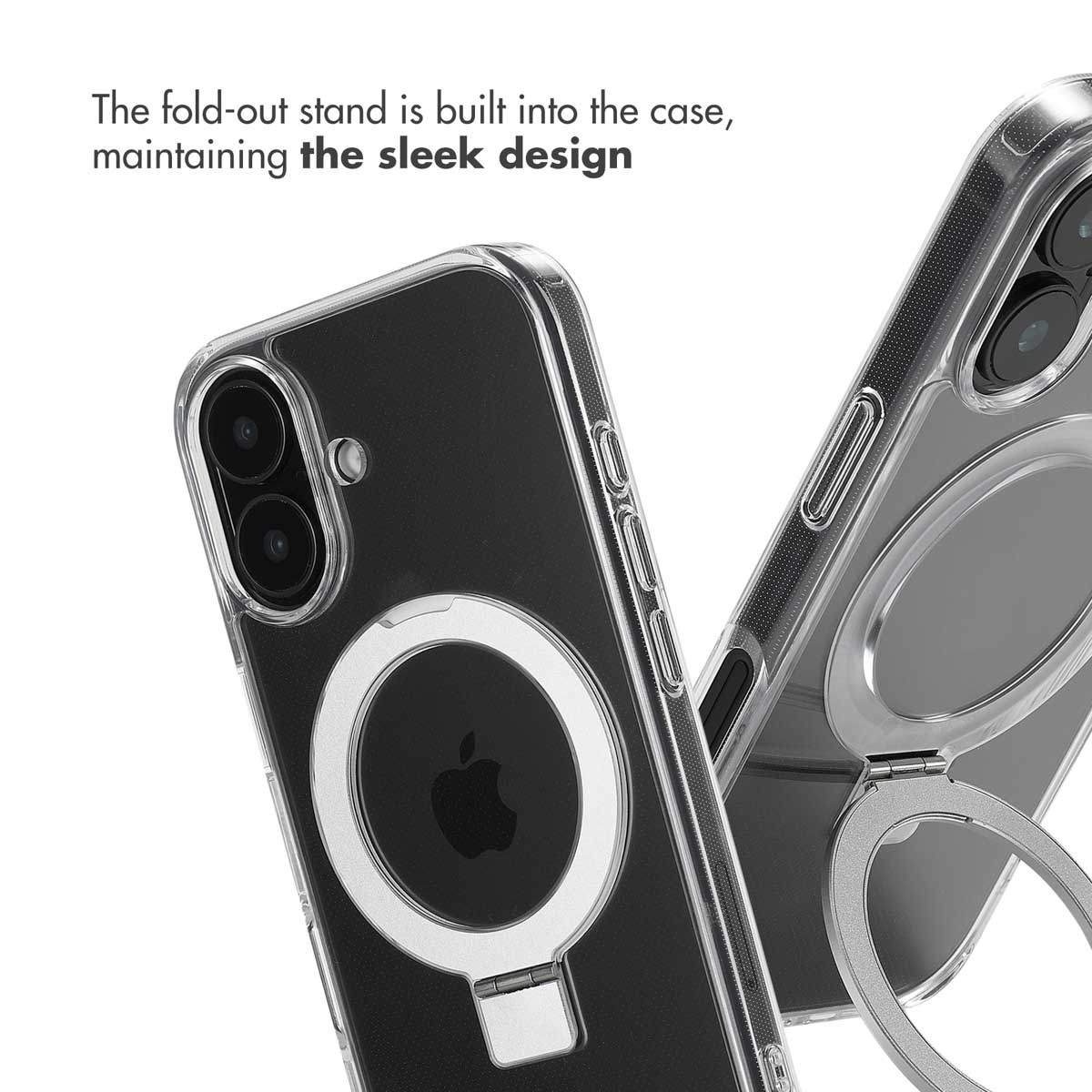 Transparente Handyhülle mit integriertem, ausklappbarem Ständer und MagSafe-Ring.