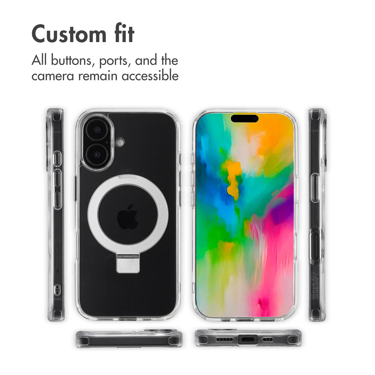 Eine transparente iPhone-Hülle mit magnetischem Ringständer ist aus mehreren Perspektiven zu sehen.