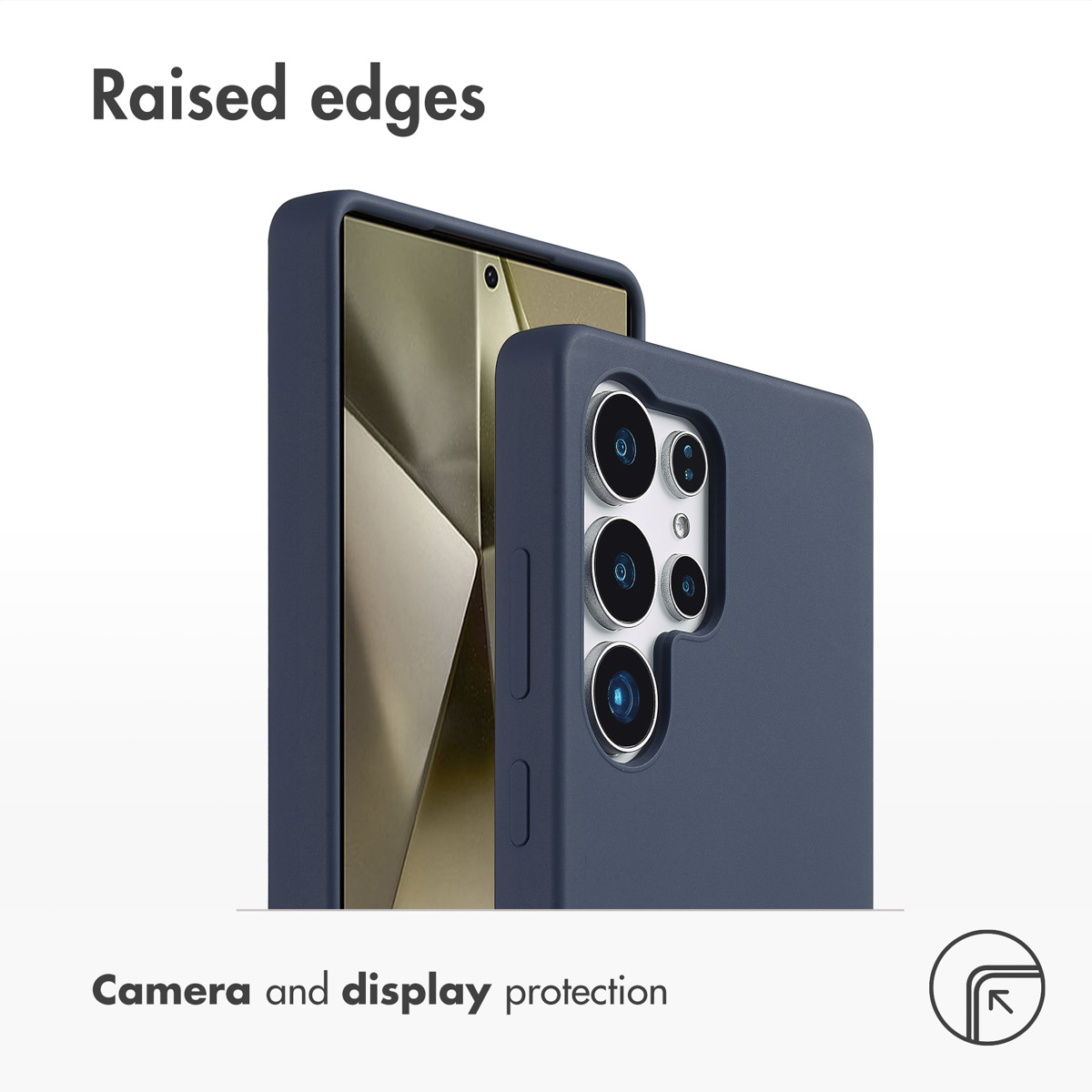 Dunkelblaue Handyhülle mit erhöhtem Rand für Kamera und Display.