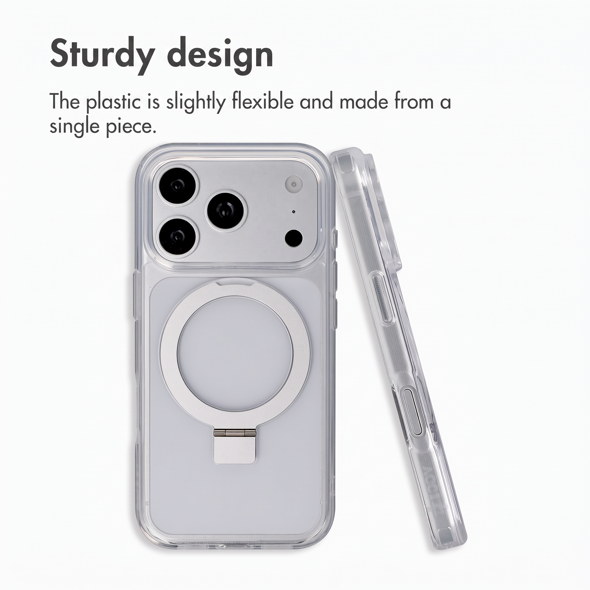 Custodia trasparente con supporto ad anello MagSafe, vista posteriore e laterale su sfondo bianco.