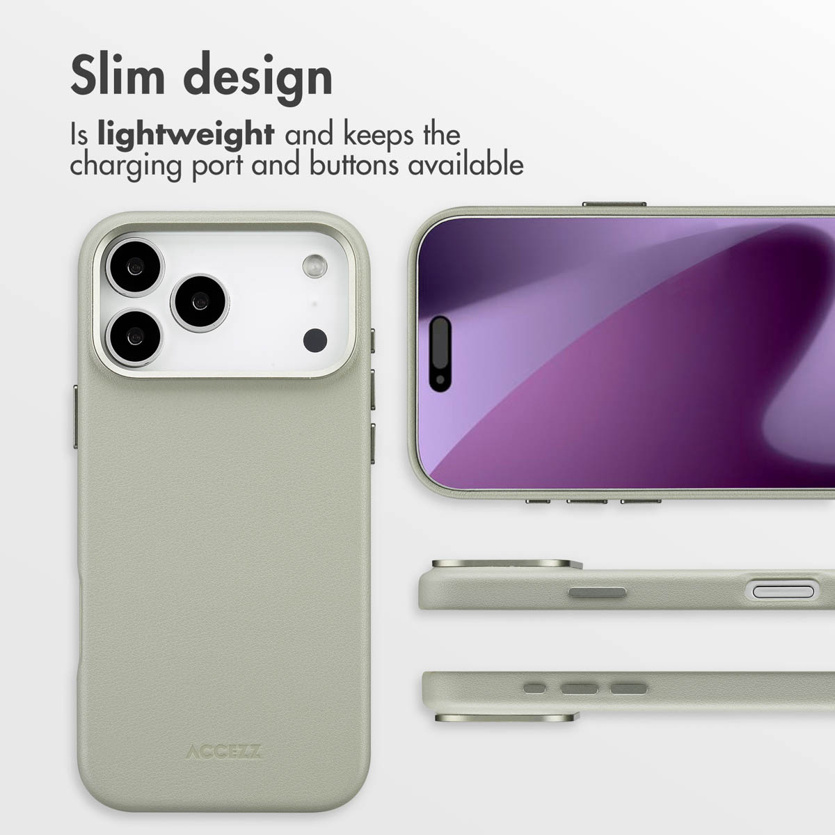 Une coque de téléphone vert clair sur un smartphone, vue de dos, de face et de côté sur fond blanc.
