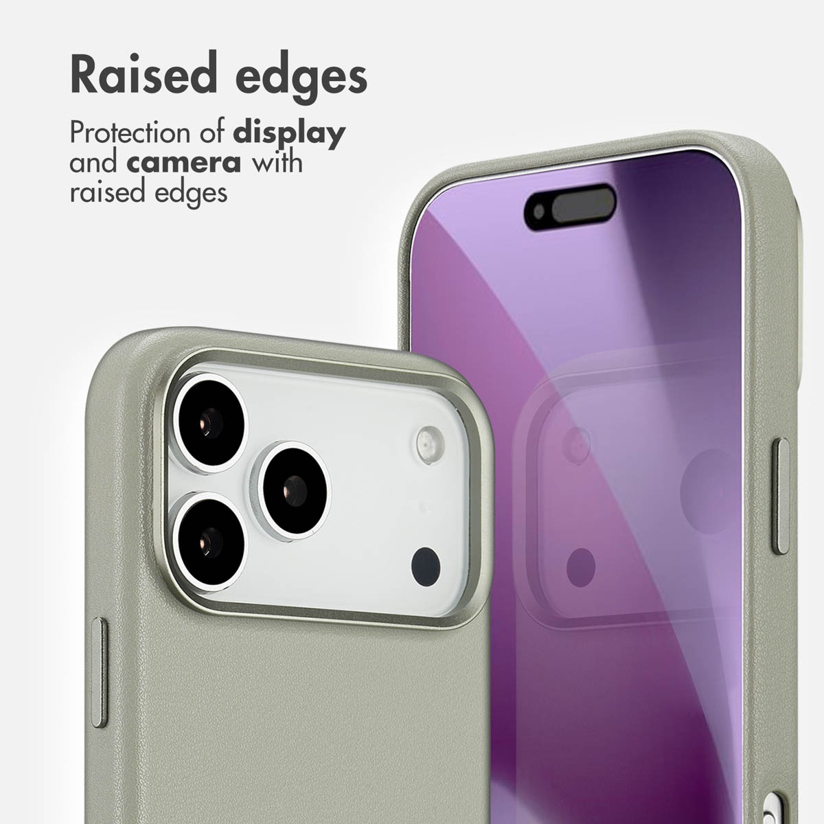 Gros plan d'une coque de téléphone avec des bords surélevés pour protéger l'écran et l'appareil photo.