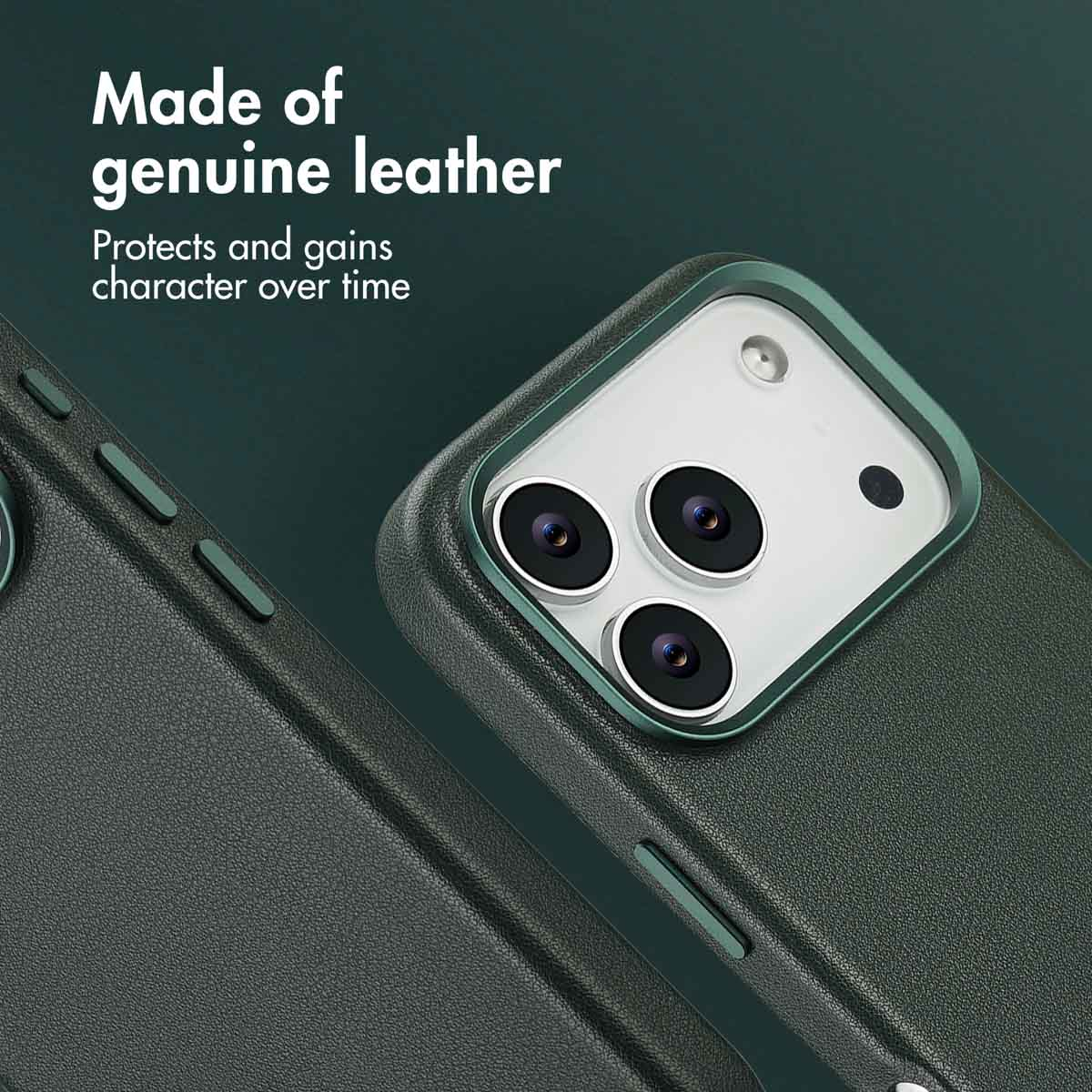 Fundas de cuero verde para teléfono con triple cámara. Texto: Made of genuine leather.