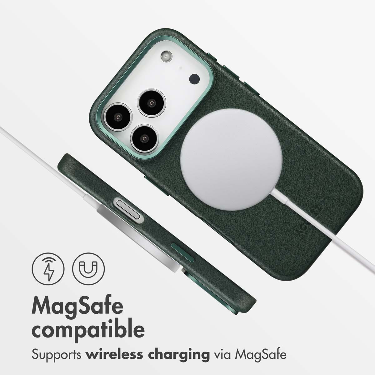 Funda de cuero verde oscuro con círculo de carga MagSafe e iconos.