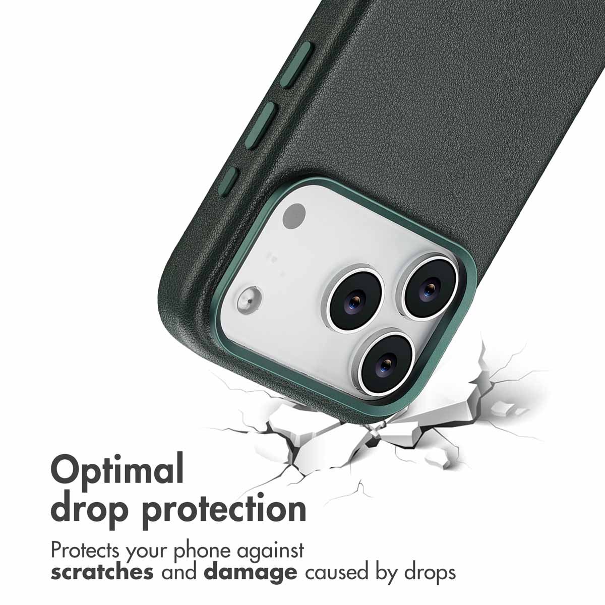 Funda de smartphone verde oscura con triple cámara y texto sobre protección contra caídas en fondo blanco.
