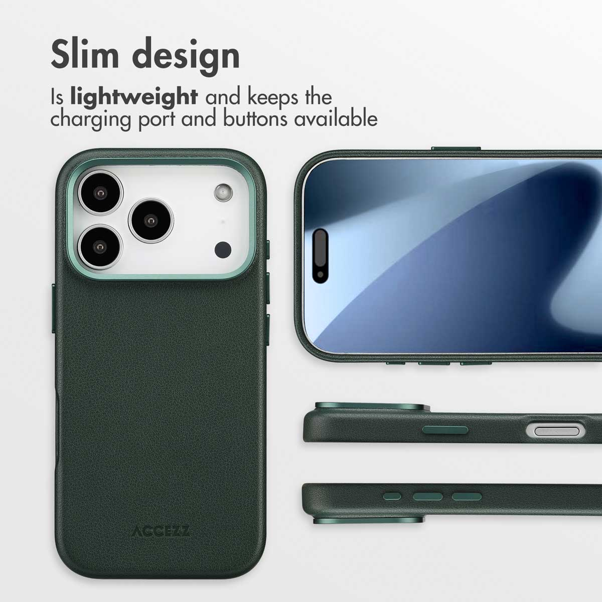Una funda de móvil verde oscura y delgada que muestra la parte trasera, delantera y botones sobre fondo blanco.