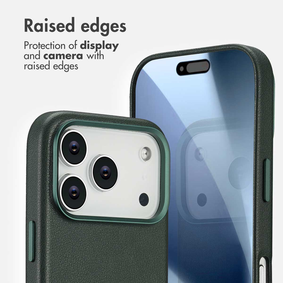 Smartphone en una funda protectora verde oscura con bordes elevados para pantalla y cámara.