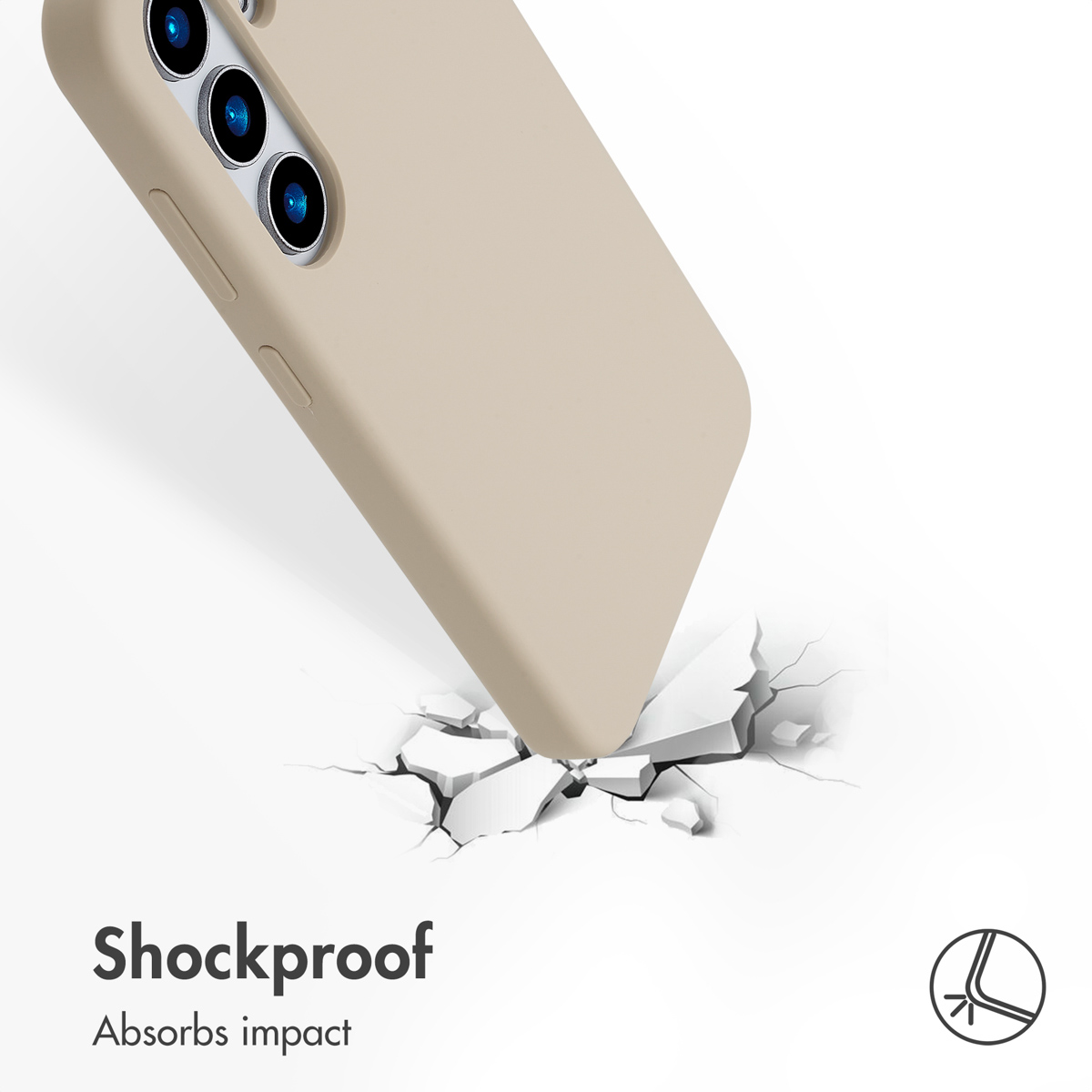 Uno smartphone beige in custodia protettiva impatta su una superficie dura, incrinandola.