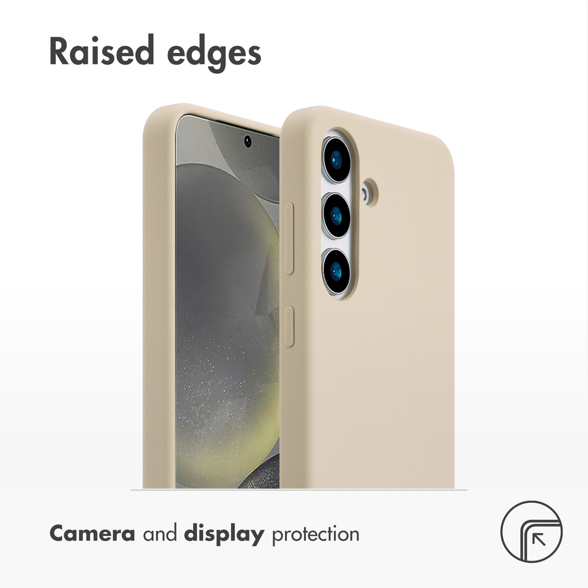 Cover per smartphone beige con bordi rialzati per proteggere fotocamera e schermo.