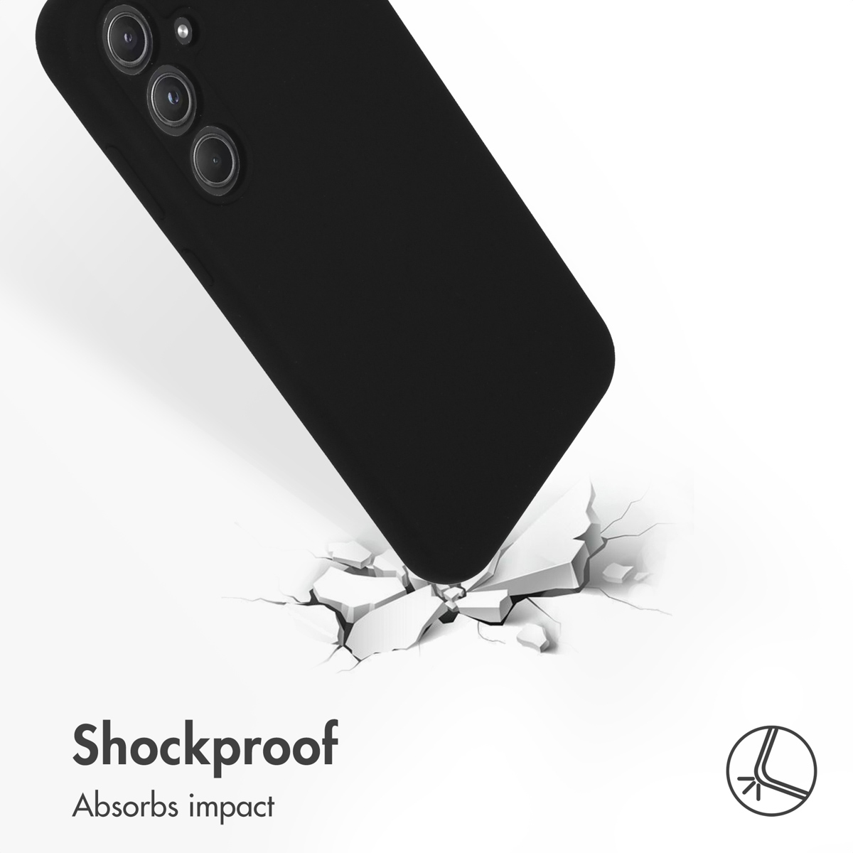Czarny smartfon uderza w podłoże, tworząc pęknięcia; tekst: Shockproof. Absorbs impact.