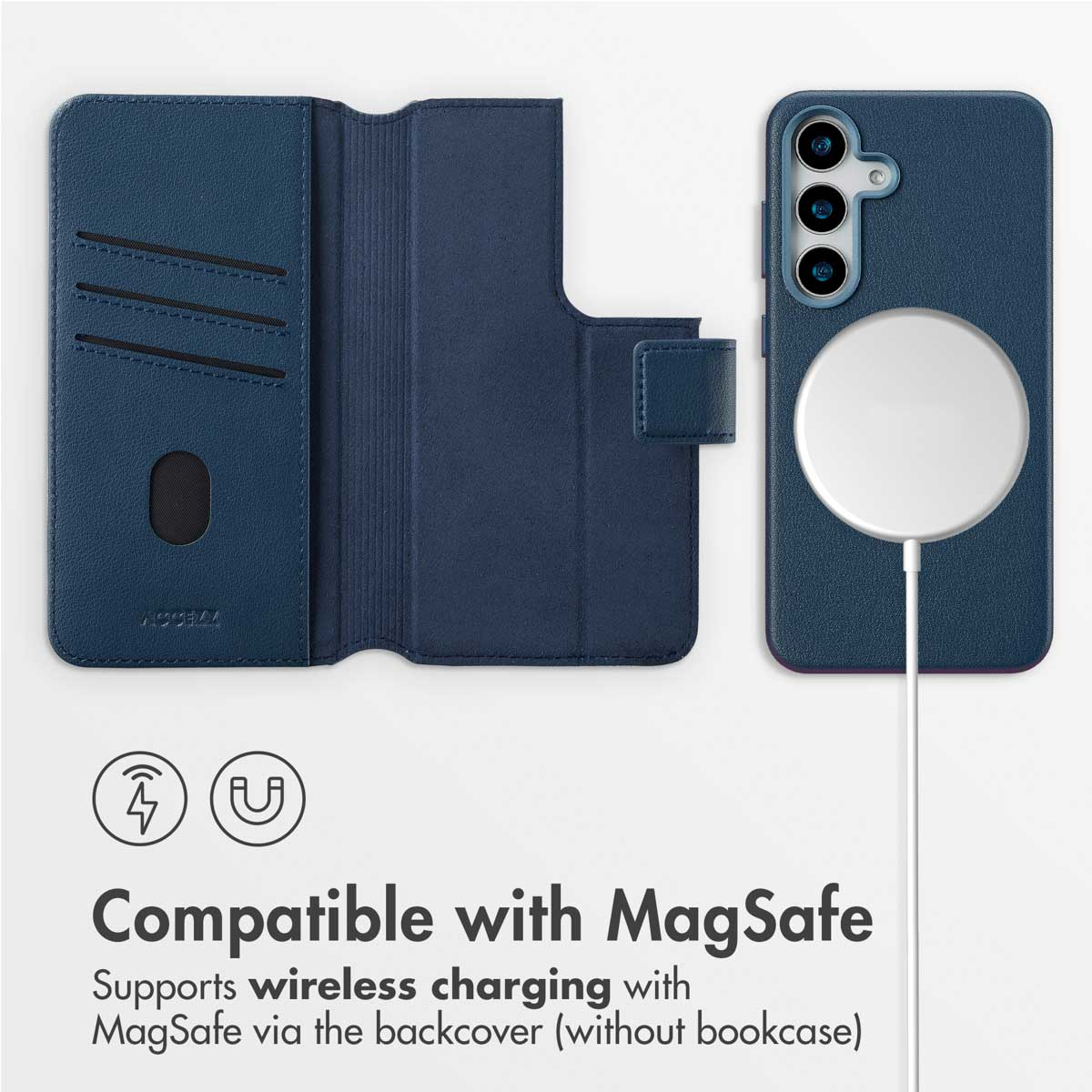 Custodia in pelle blu con tasche per carte e caricatore wireless MagSafe sul retro.