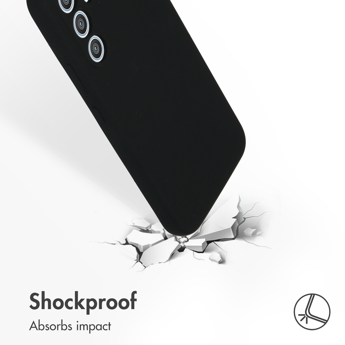 Una cover per smartphone nera colpisce una superficie bianca frantumata, simboleggiando la protezione antiurto.