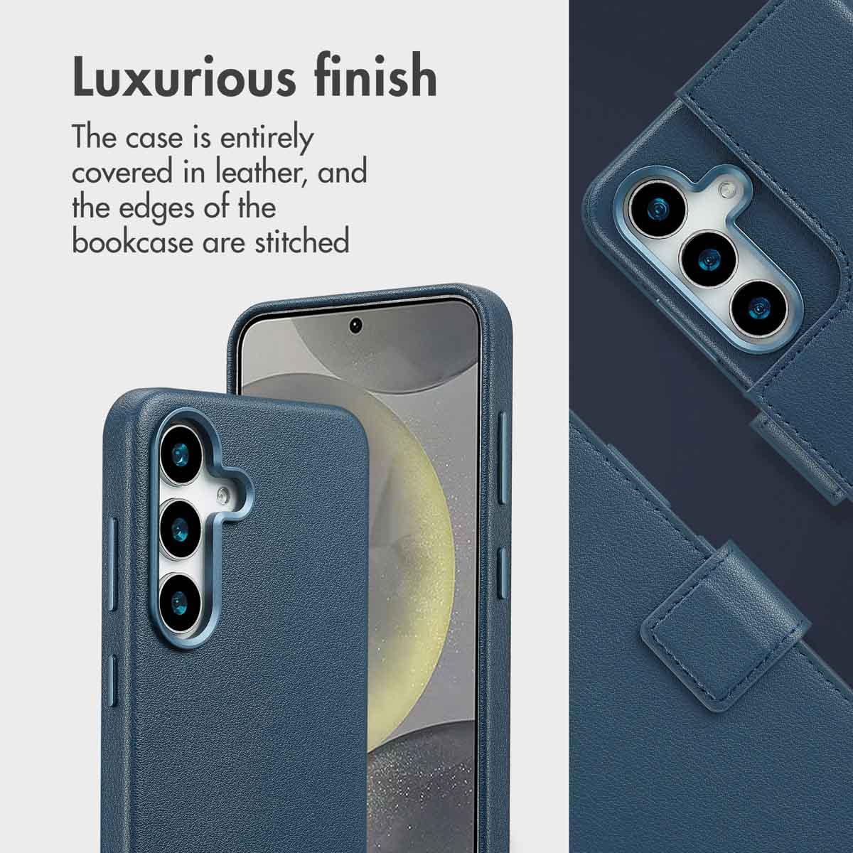 Custodia per smartphone in pelle blu con cuciture visibili e ritaglio per la fotocamera su sfondo grigio e bianco.
