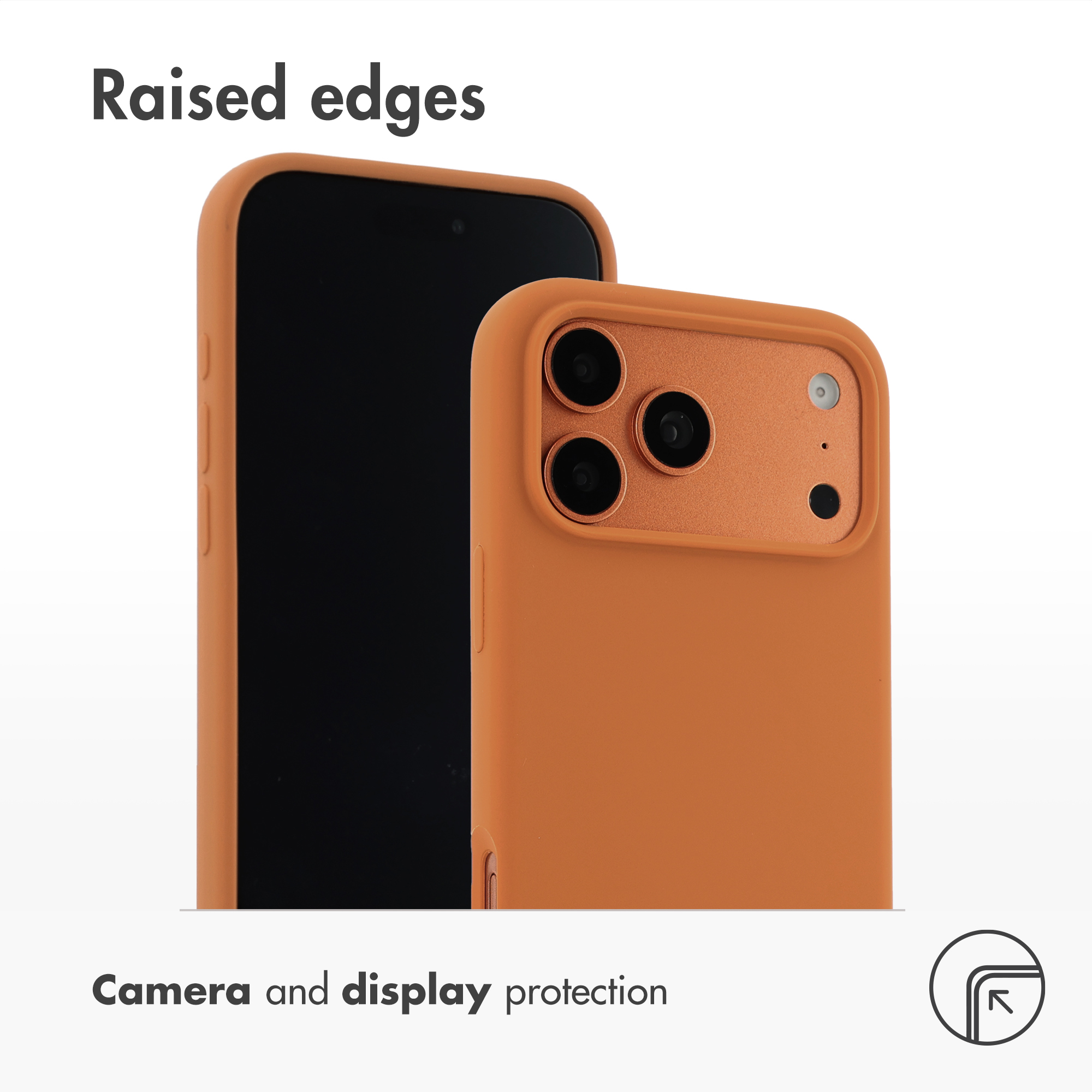 Dos teléfonos en fundas de silicona naranja muestran bordes elevados para la cámara y pantalla.