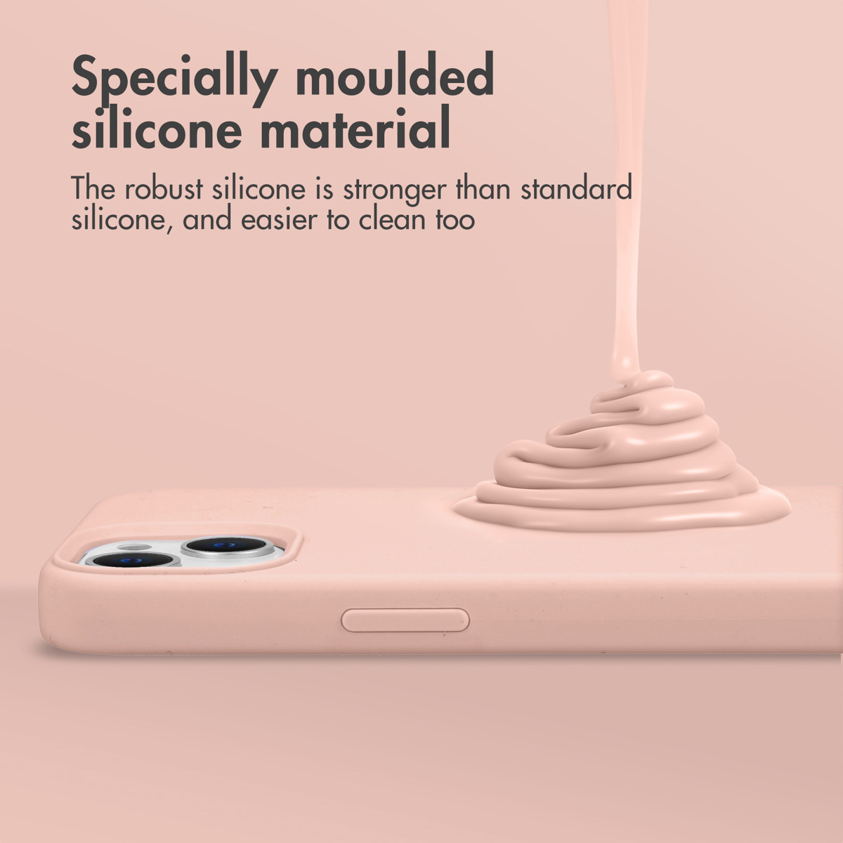 Silicona líquida rosa vertida sobre una funda de móvil rosa, con texto descriptivo.