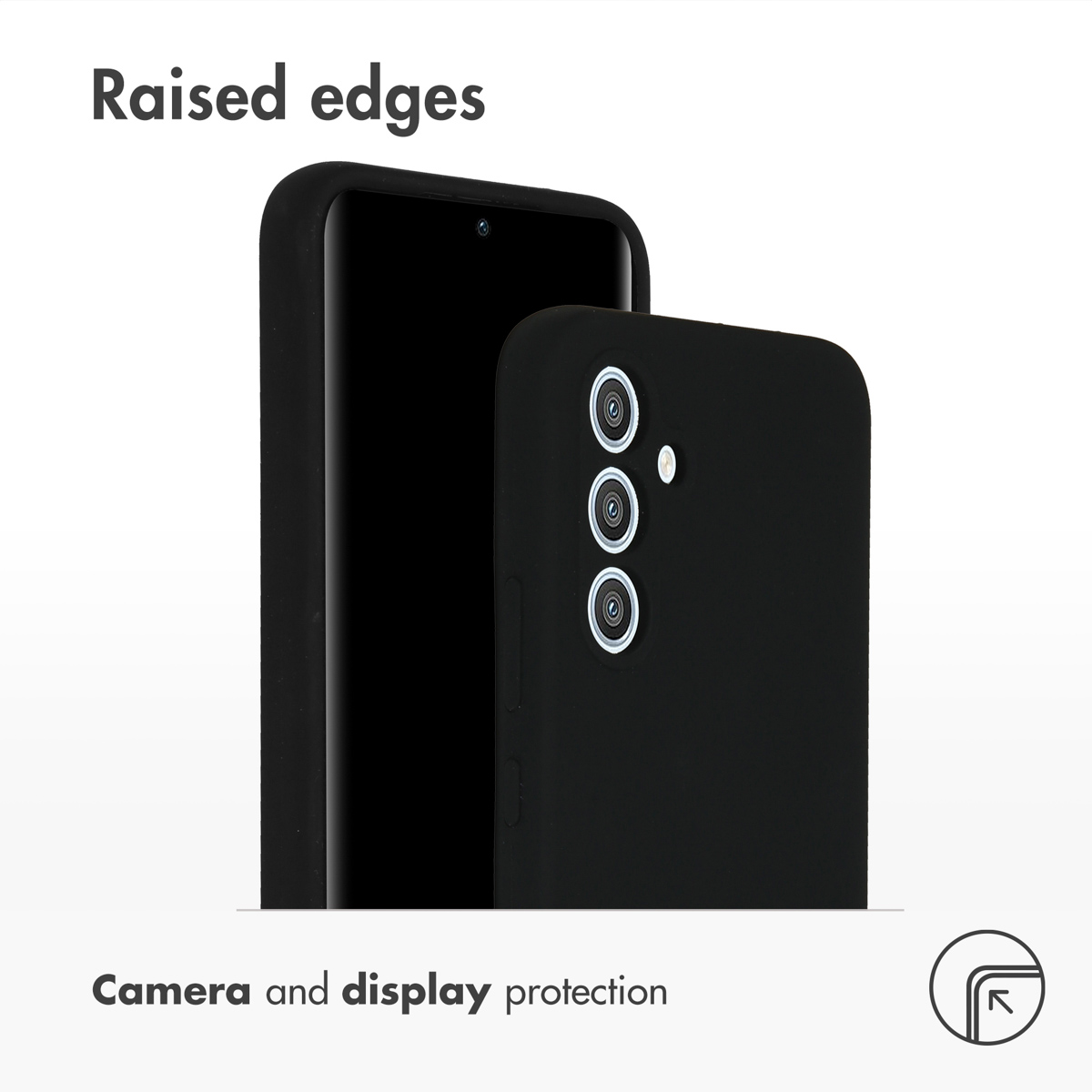 Custodia nera per telefono con bordi rialzati per proteggere fotocamera e schermo.