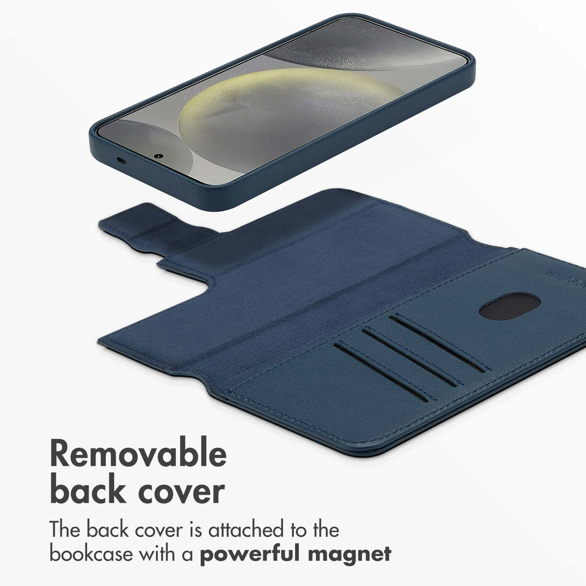 Custodia per telefono blu con cover posteriore magnetica rimovibile su sfondo bianco.