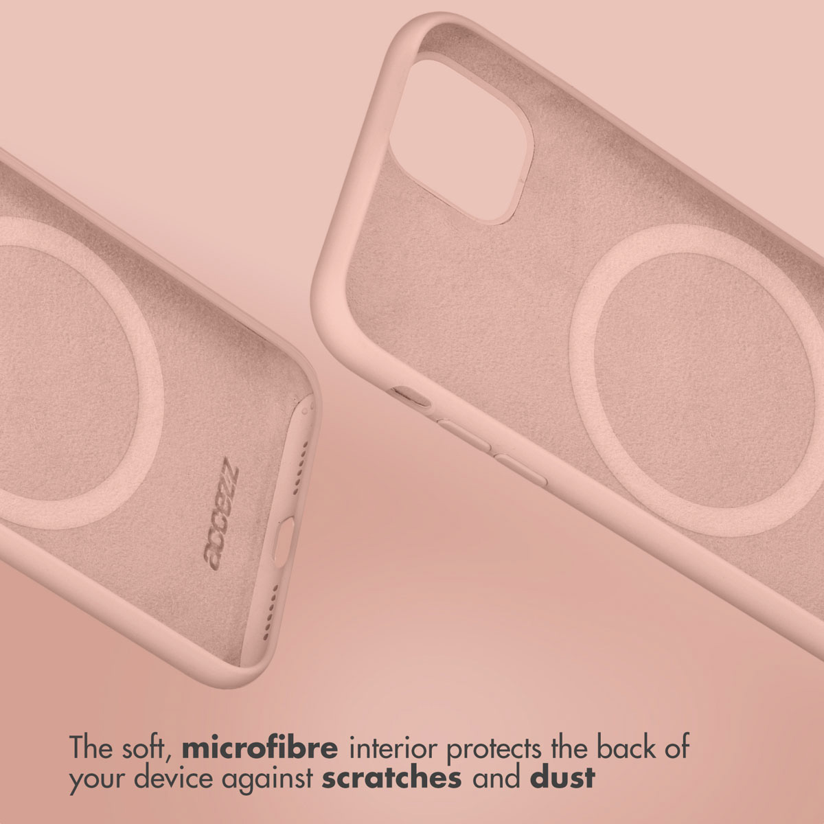 Dos fundas de teléfono rosas con interior de microfibra suave sobre fondo rosa con texto.