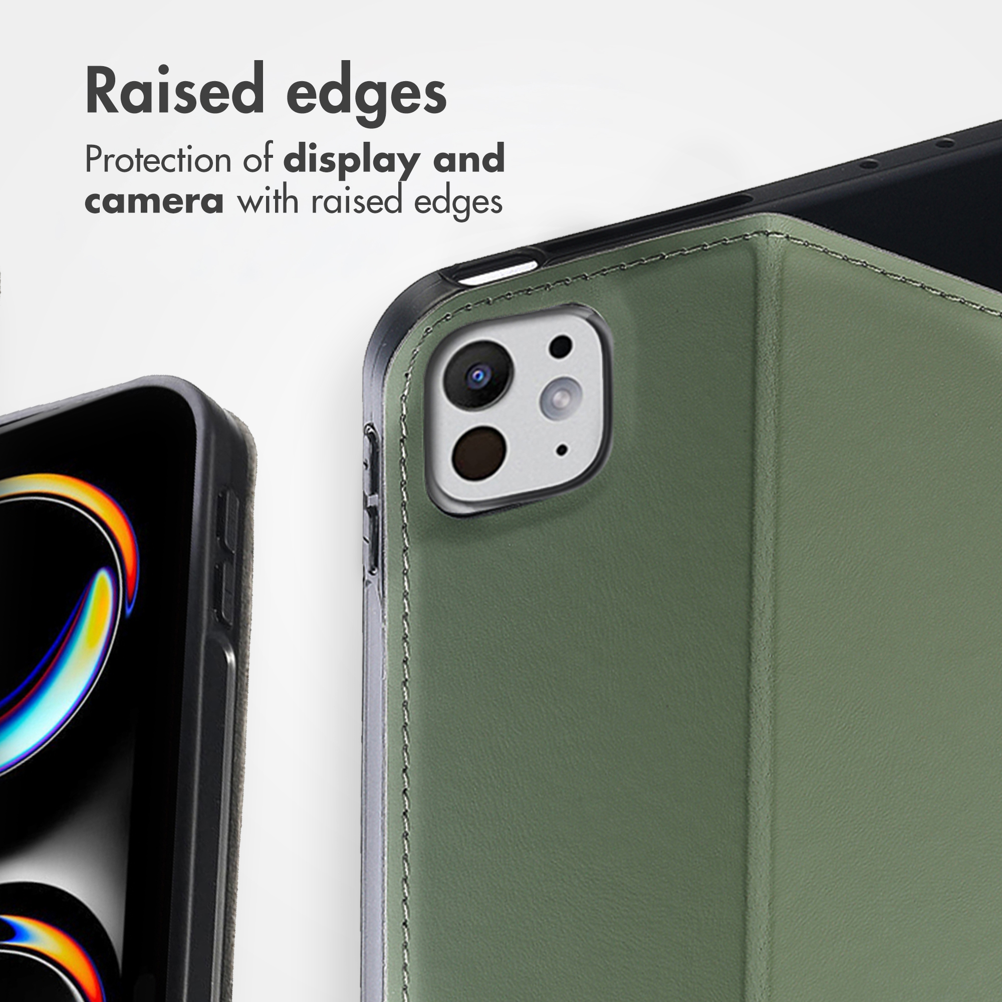 Custodia verde per tablet con bordi rialzati per protezione fotocamera e display, testo: Raised edges.