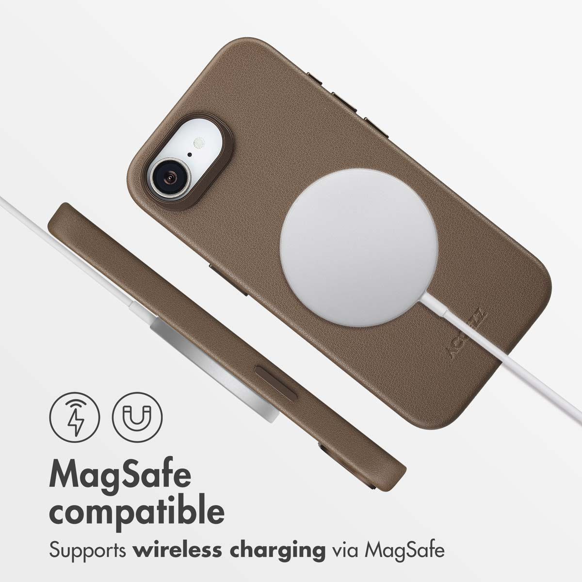 Custodia per telefono marrone con ricarica MagSafe, caricabatterie circolare bianco e icone.