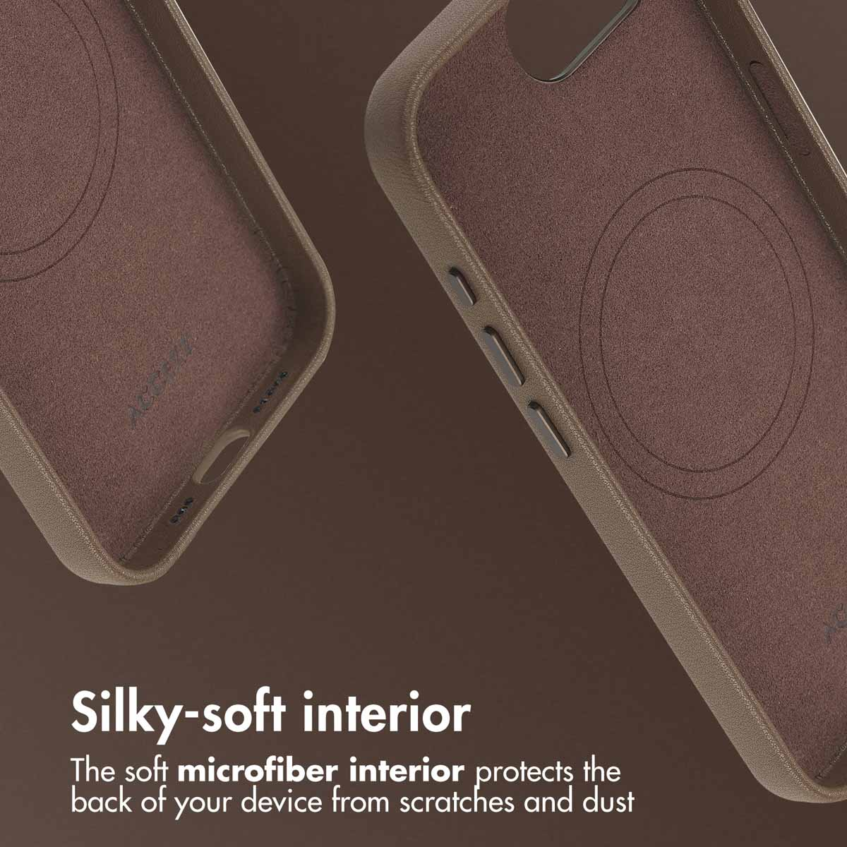 Due custodie per telefono marroni con morbido interno in microfibra e cerchio MagSafe su sfondo marrone.